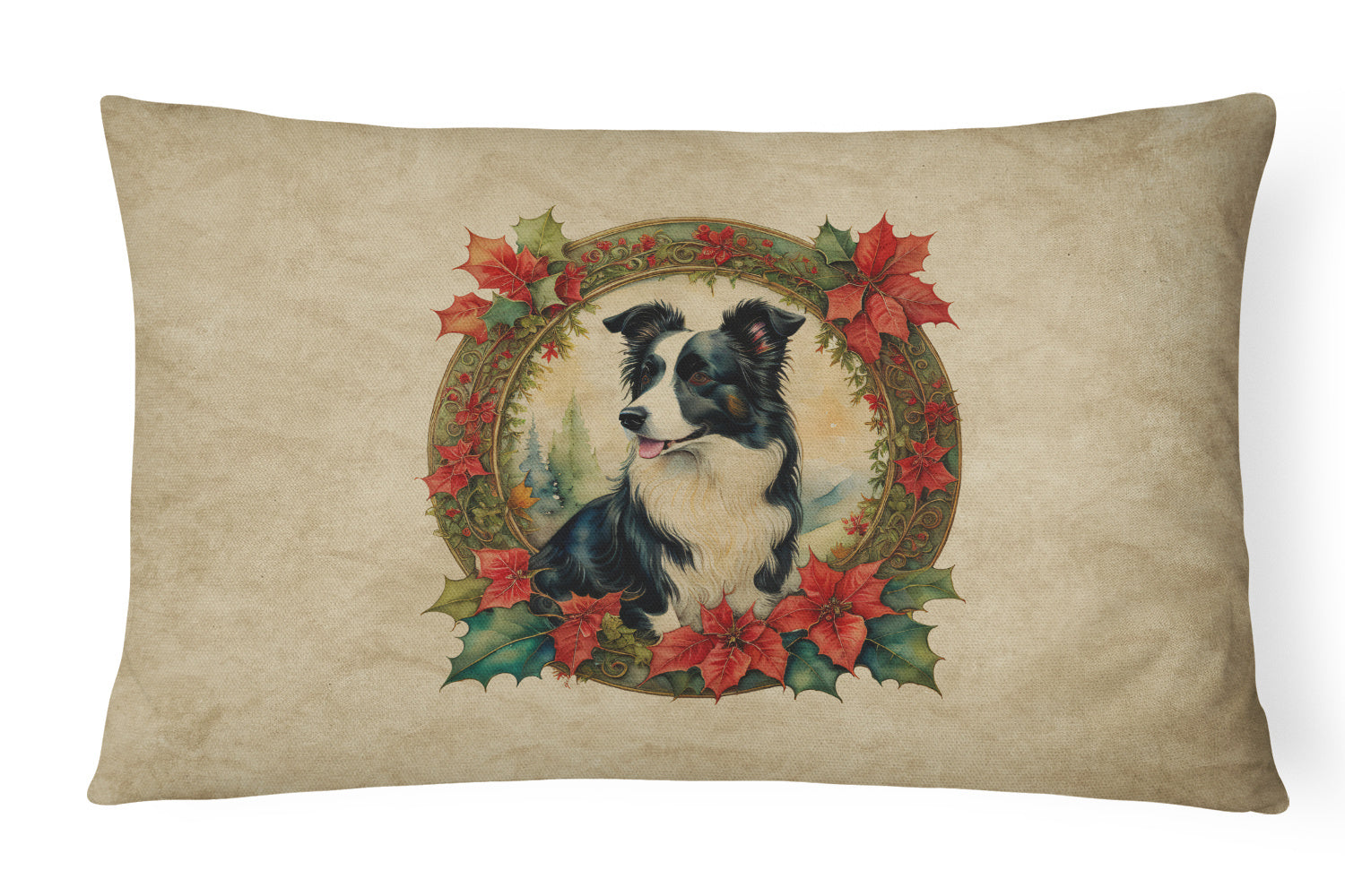 Christmas Flowers Frame Throw Pillow Throw Pillow for Indoor Couch Bed Outdoor Patio Washable, Border Collie 2324,12Hx16W