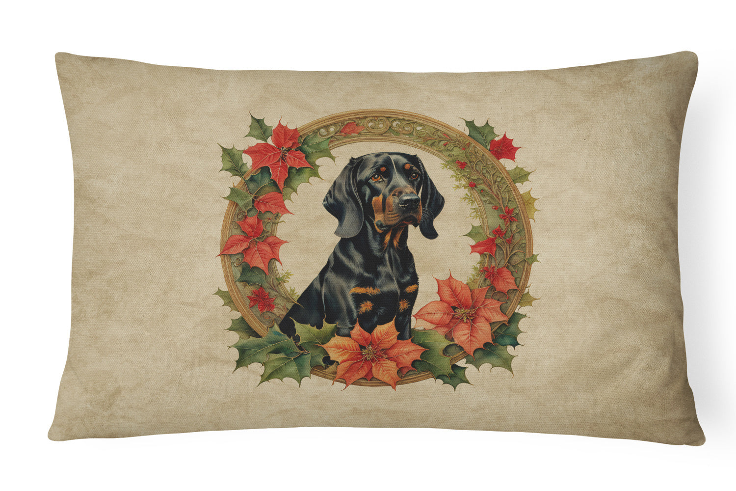 Christmas Flowers Frame Throw Pillow Throw Pillow for Indoor Couch Bed Outdoor Patio Washable, Black and Tan Coonhound 2321,12Hx16W