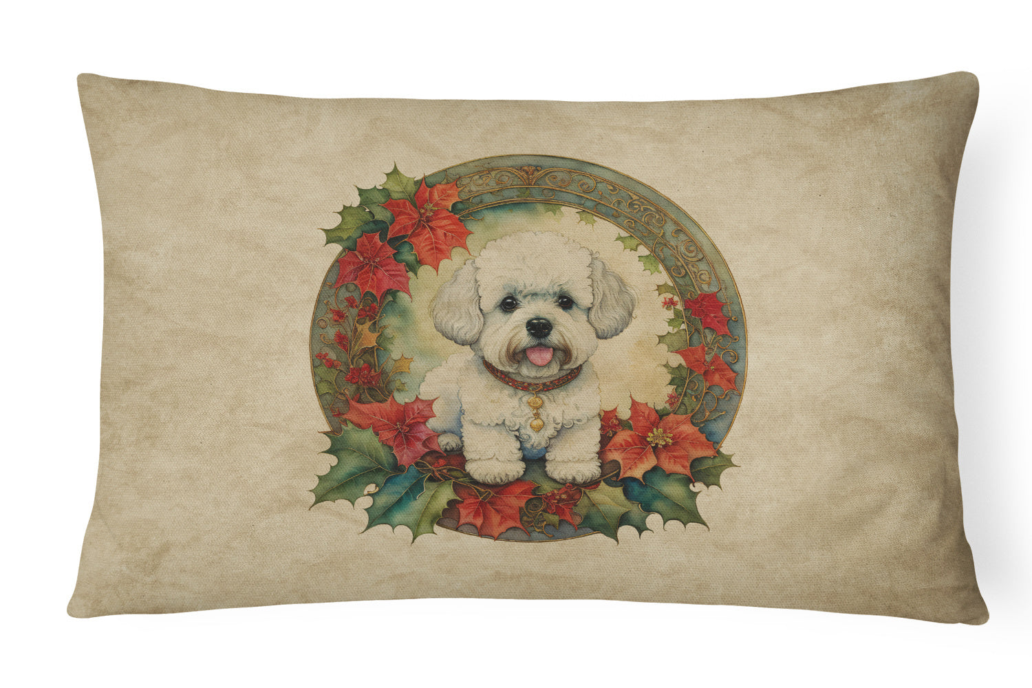 Christmas Flowers Frame Throw Pillow Throw Pillow for Indoor Couch Bed Outdoor Patio Washable, Bichon Frise 2320,12Hx16W