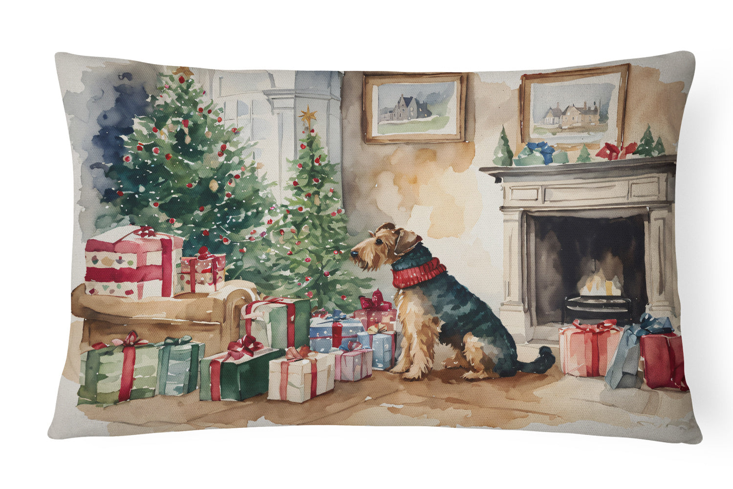 Waiting on Christmas Throw Pillow Throw Pillow for Indoor Couch Bed Outdoor Patio Washable, Airedale Terrier 1214,12Hx16W