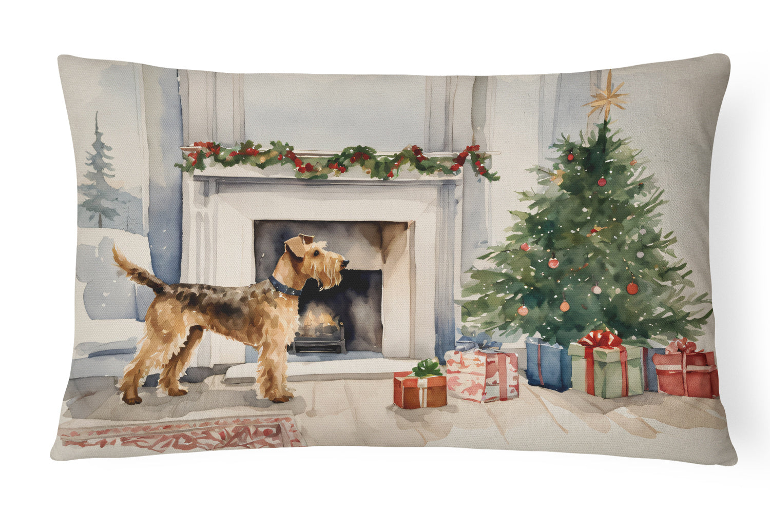 Waiting on Christmas Throw Pillow Throw Pillow for Indoor Couch Bed Outdoor Patio Washable, Airedale Terrier 1216,12Hx16W