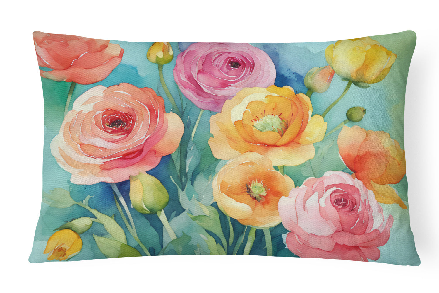 Flowers in Watercolor Throw Pillow Throw Pillow for Indoor Couch Bed Outdoor Patio Washable, Ranunculus 1604,12Hx16W