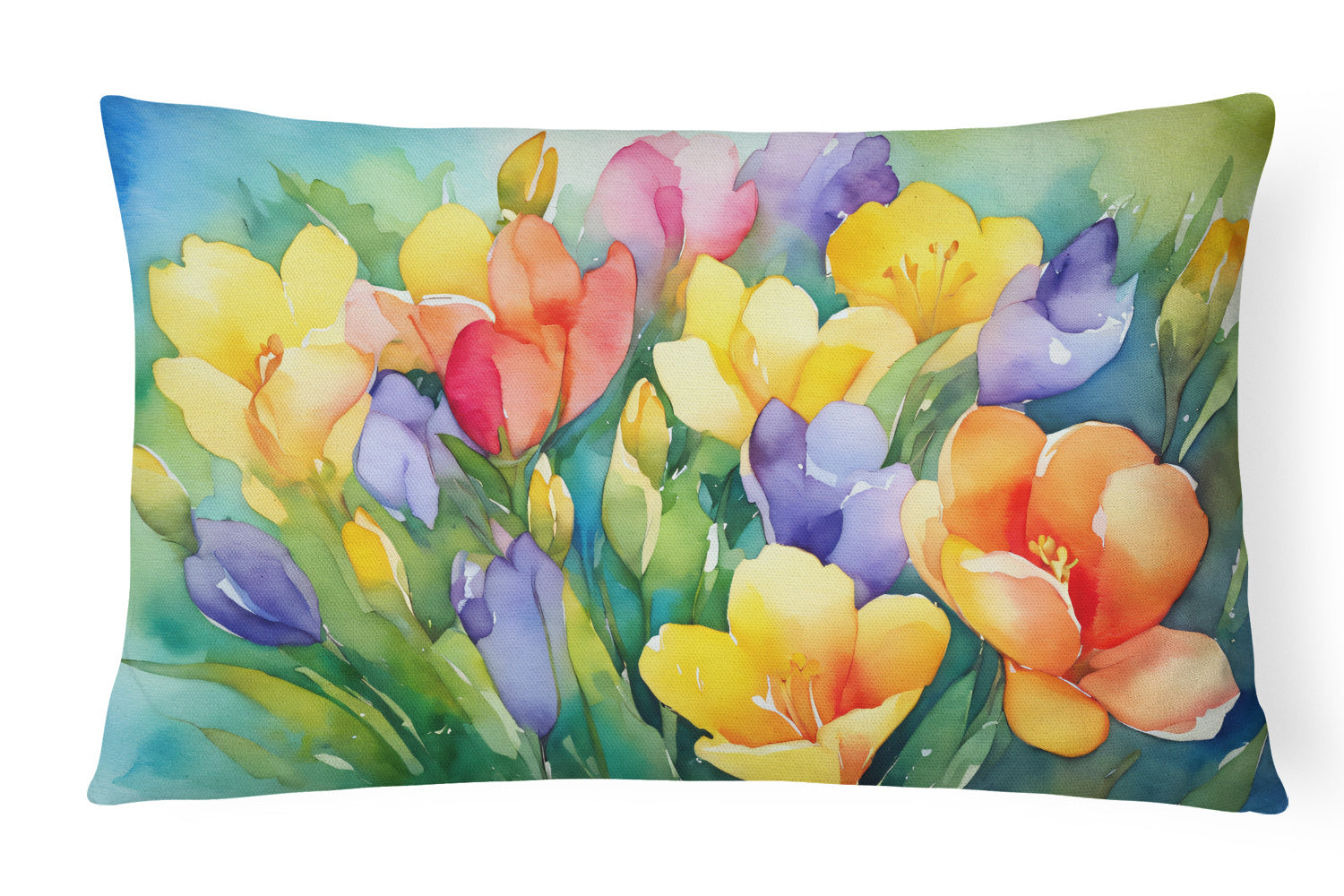 Flowers in Watercolor Throw Pillow Throw Pillow for Indoor Couch Bed Outdoor Patio Washable, Freesias 1568,12Hx16W