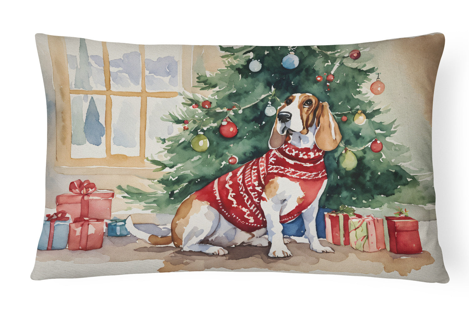 Waiting on Christmas Throw Pillow Throw Pillow for Indoor Couch Bed Outdoor Patio Washable, Basset Hound 1241,12Hx16W