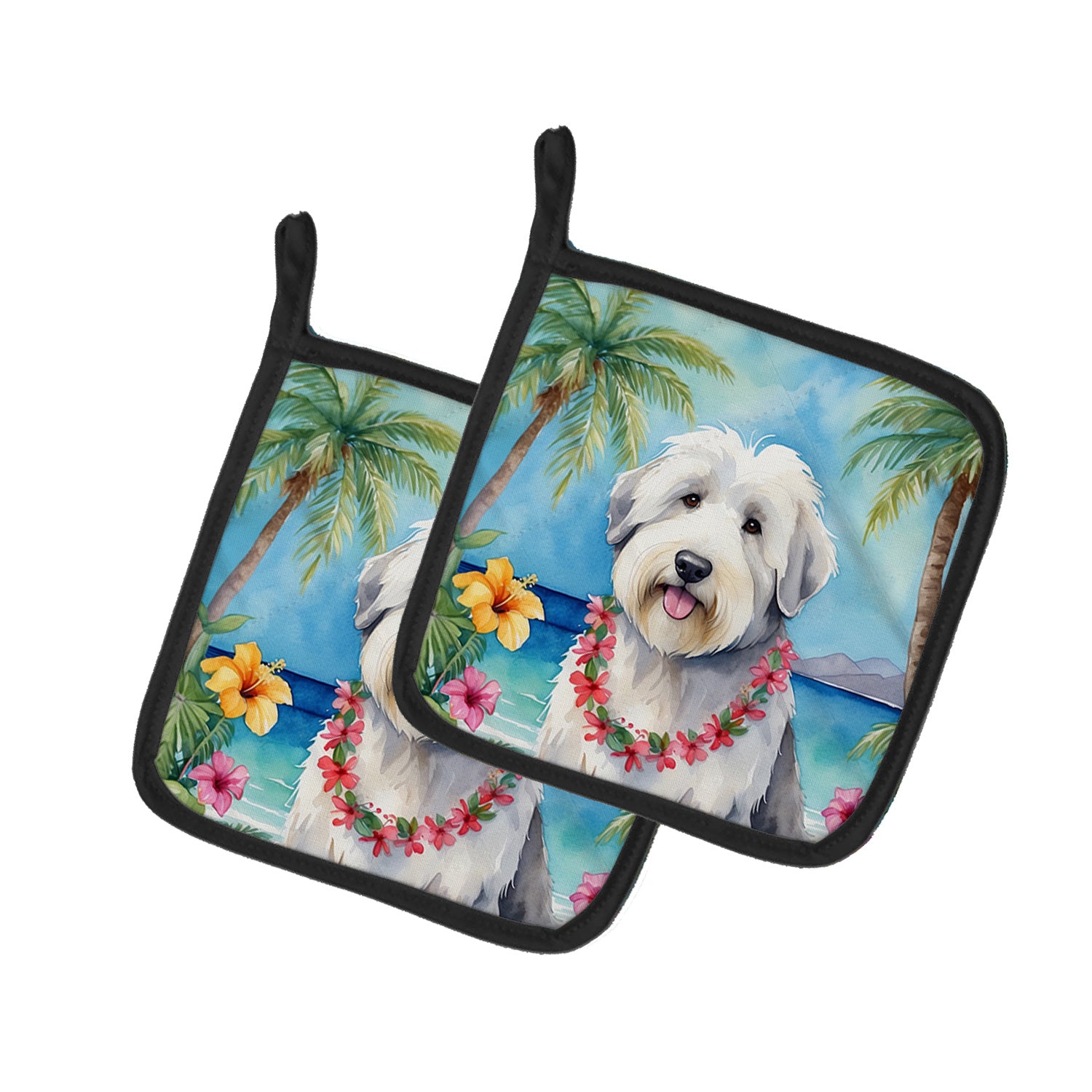 Old English Sheepdog Luau Pair of Pot Holders Kitchen Heat Resistant Pot Holders Sets Oven Hot Pads for Cooking Baking BBQ, 7 1/2 x 7 1/2