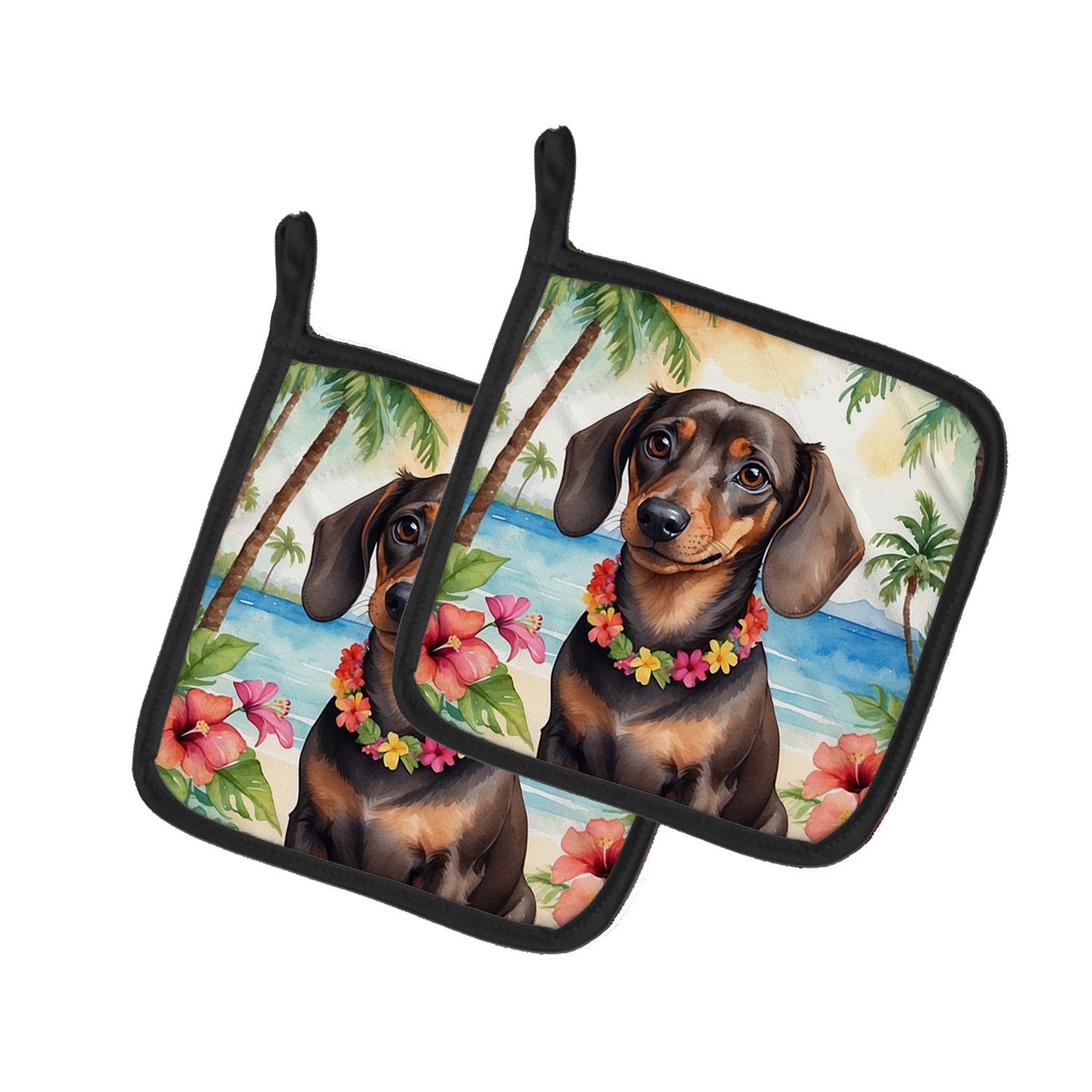 Dachshund Luau Pair of Pot Holders Kitchen Heat Resistant Pot Holders Sets Oven Hot Pads for Cooking Baking BBQ, 7 1/2 x 7 1/2