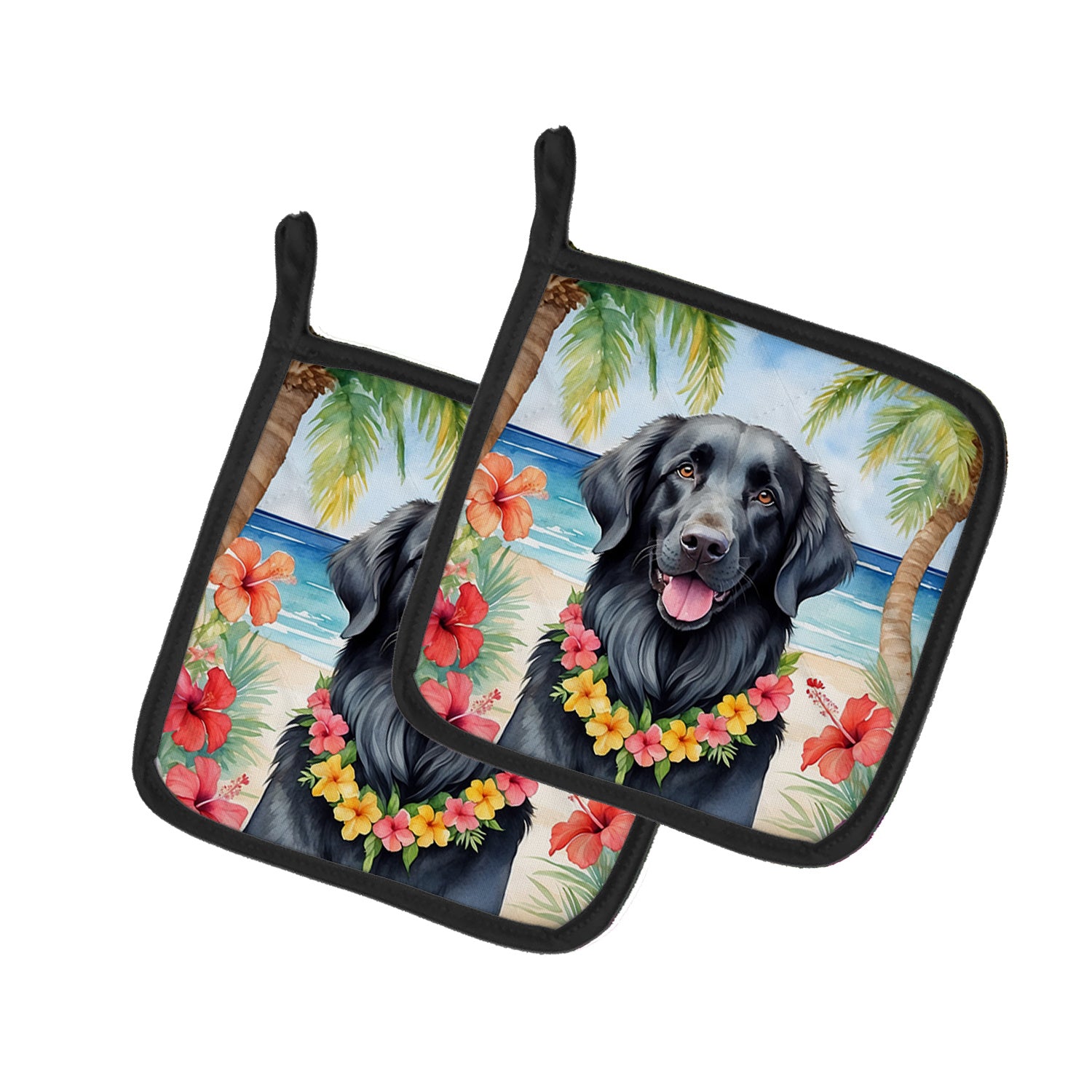 Flat-Coated Retriever Luau Pair of Pot Holders Kitchen Heat Resistant Pot Holders Sets Oven Hot Pads for Cooking Baking BBQ, 7 1/2 x 7 1/2