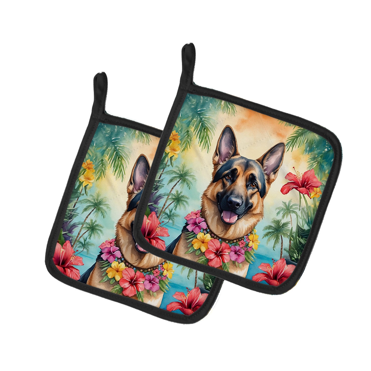 German Shepherd Luau Pair of Pot Holders Kitchen Heat Resistant Pot Holders Sets Oven Hot Pads for Cooking Baking BBQ, 7 1/2 x 7 1/2