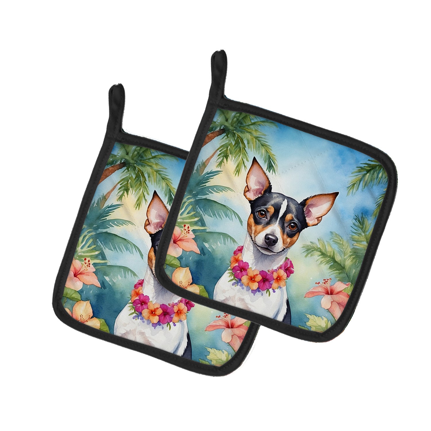 Rat Terrier Luau Pair of Pot Holders Kitchen Heat Resistant Pot Holders Sets Oven Hot Pads for Cooking Baking BBQ, 7 1/2 x 7 1/2