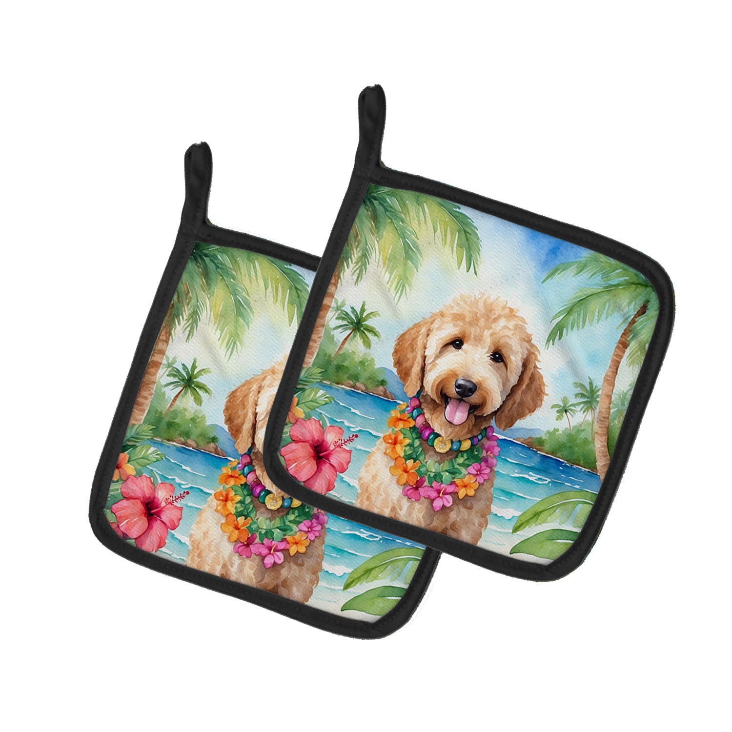 Goldendoodle Luau Pair of Pot Holders Kitchen Heat Resistant Pot Holders Sets Oven Hot Pads for Cooking Baking BBQ, 7 1/2 x 7 1/2