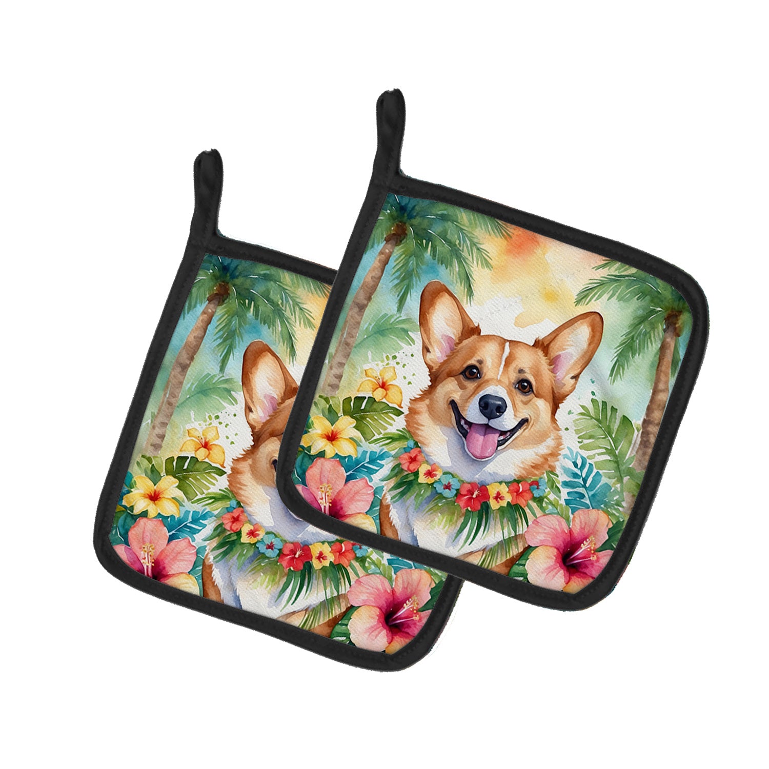 Corgi Luau Pair of Pot Holders Kitchen Heat Resistant Pot Holders Sets Oven Hot Pads for Cooking Baking BBQ, 7 1/2 x 7 1/2