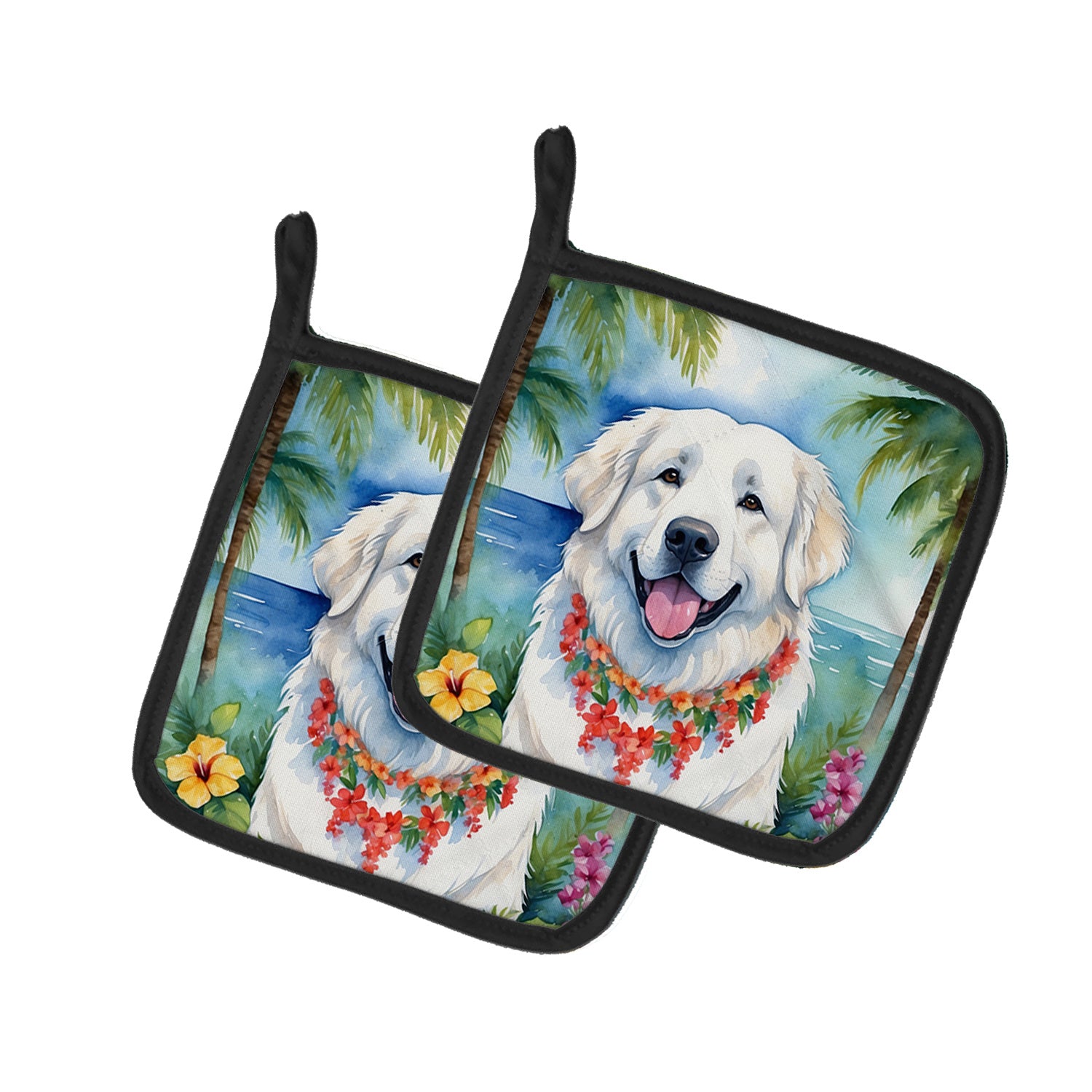 Great Pyrenees Luau Pair of Pot Holders Kitchen Heat Resistant Pot Holders Sets Oven Hot Pads for Cooking Baking BBQ, 7 1/2 x 7 1/2