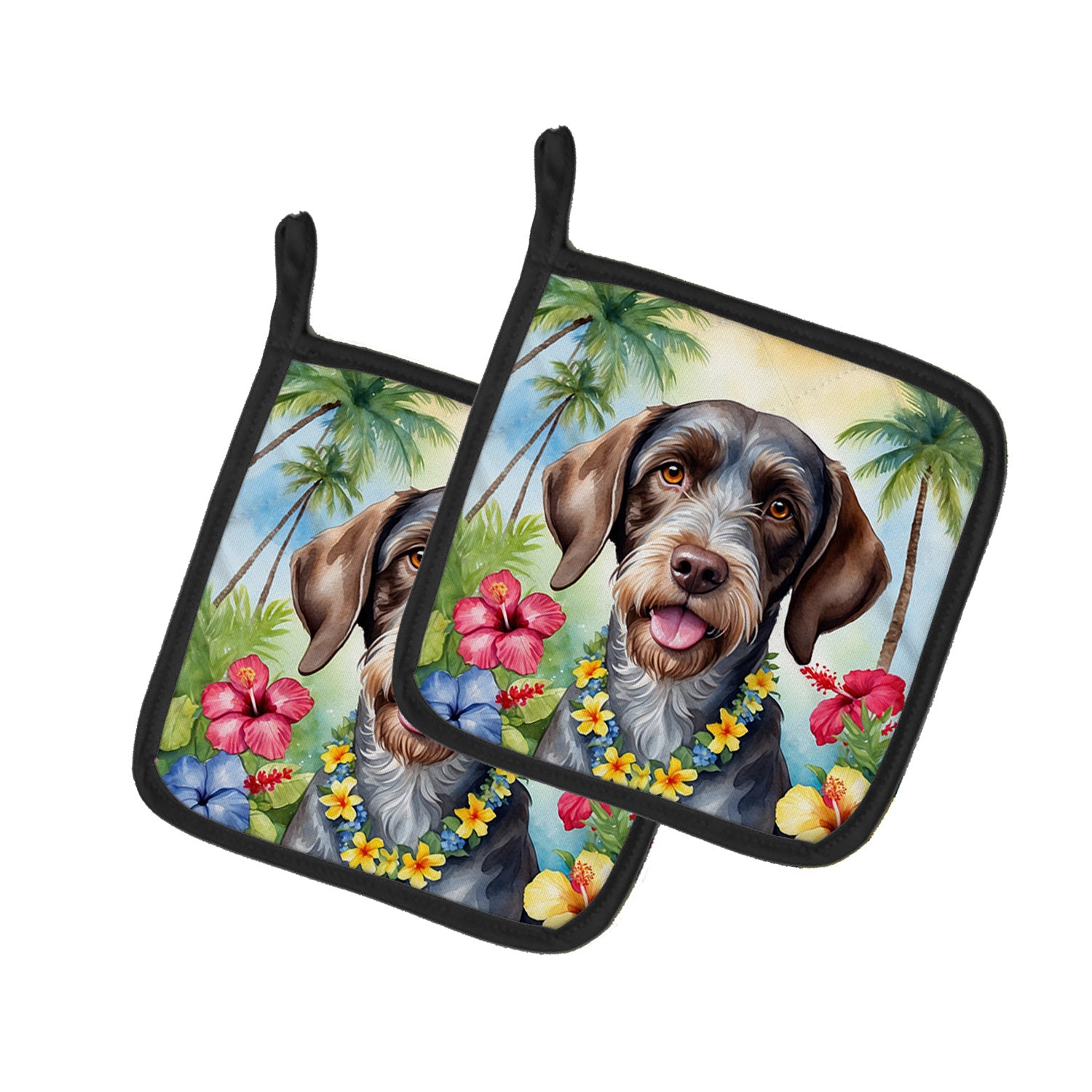 German Wirehaired Pointer Luau Pair of Pot Holders Kitchen Heat Resistant Pot Holders Sets Oven Hot Pads for Cooking Baking BBQ, 7 1/2 x 7 1/2