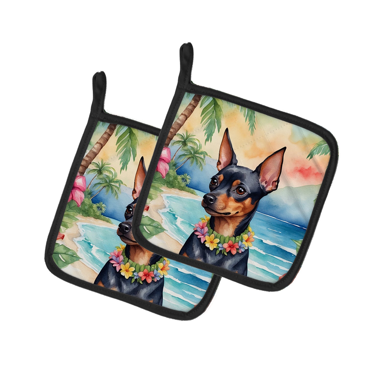 Miniature Pinscher Luau Pair of Pot Holders Kitchen Heat Resistant Pot Holders Sets Oven Hot Pads for Cooking Baking BBQ, 7 1/2 x 7 1/2