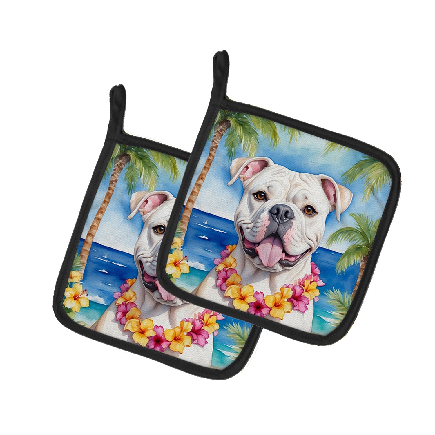 American Bulldog Luau Pair of Pot Holders Kitchen Heat Resistant Pot Holders Sets Oven Hot Pads for Cooking Baking BBQ, 7 1/2 x 7 1/2