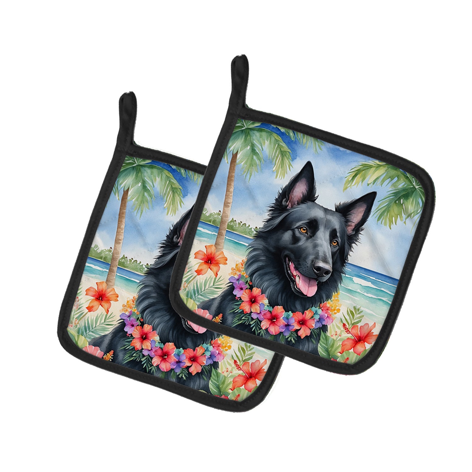 Belgian Sheepdog Luau Pair of Pot Holders Kitchen Heat Resistant Pot Holders Sets Oven Hot Pads for Cooking Baking BBQ, 7 1/2 x 7 1/2