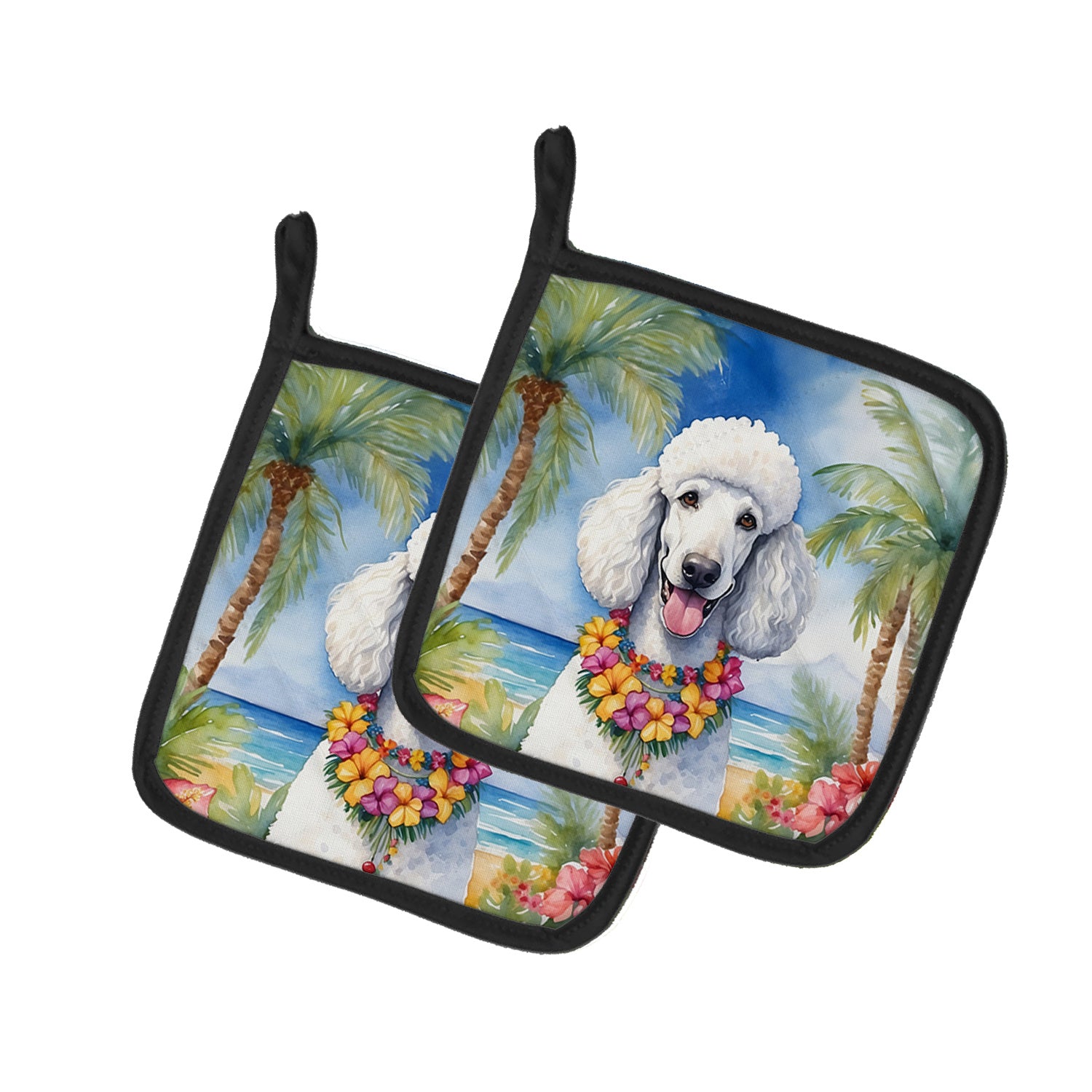 White Poodle Luau Pair of Pot Holders Kitchen Heat Resistant Pot Holders Sets Oven Hot Pads for Cooking Baking BBQ, 7 1/2 x 7 1/2