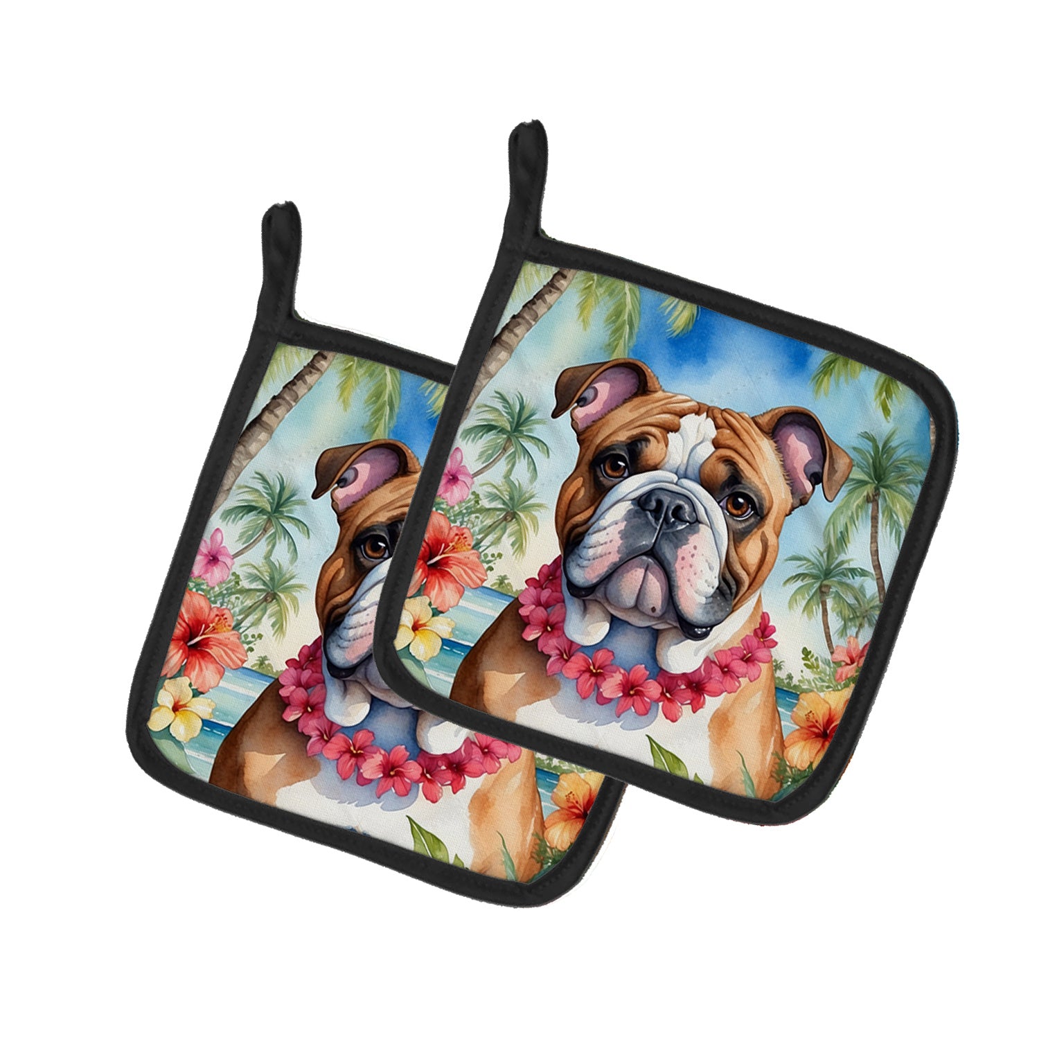 English Bulldog Luau Pair of Pot Holders Kitchen Heat Resistant Pot Holders Sets Oven Hot Pads for Cooking Baking BBQ, 7 1/2 x 7 1/2