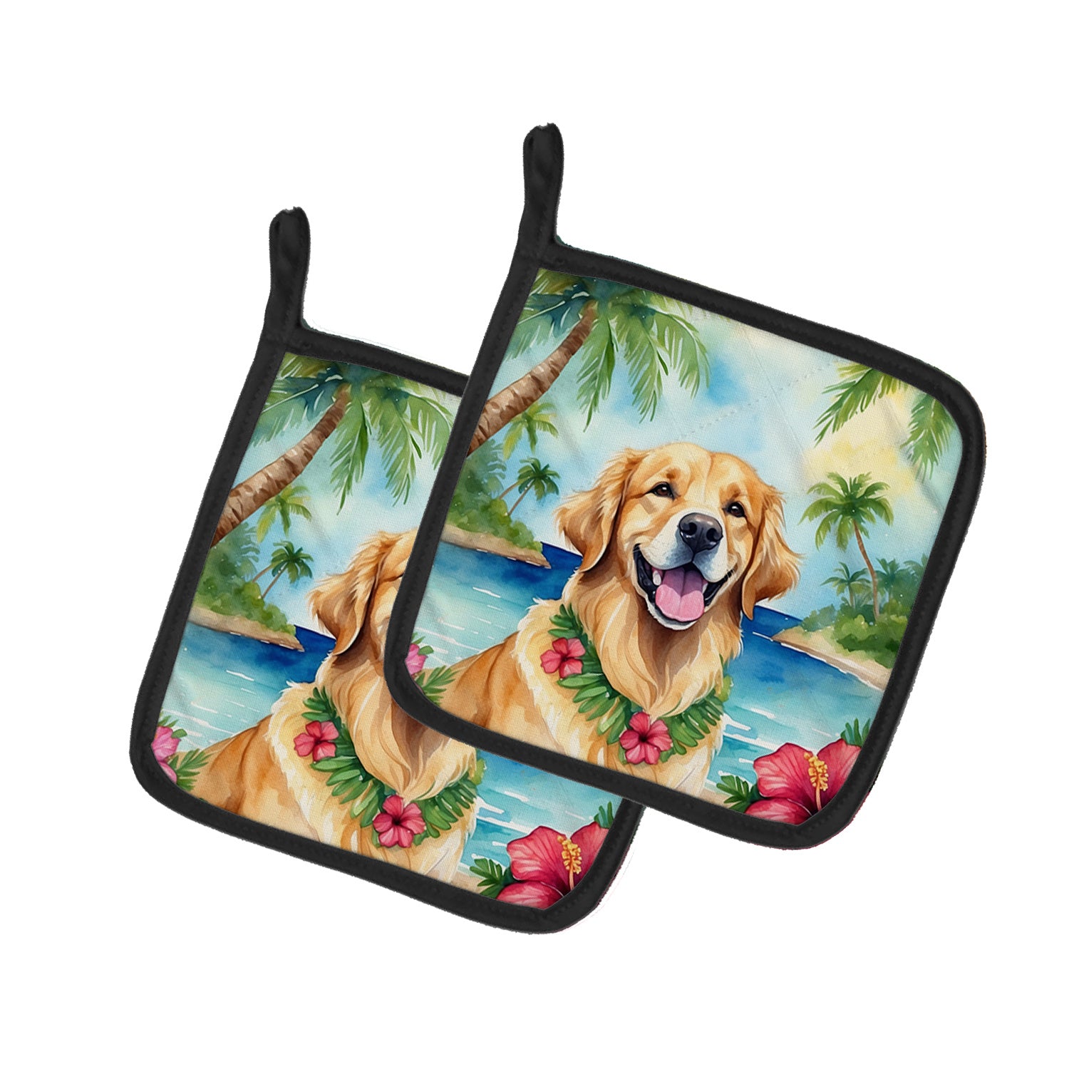 Golden Retriever Luau Pair of Pot Holders Kitchen Heat Resistant Pot Holders Sets Oven Hot Pads for Cooking Baking BBQ, 7 1/2 x 7 1/2