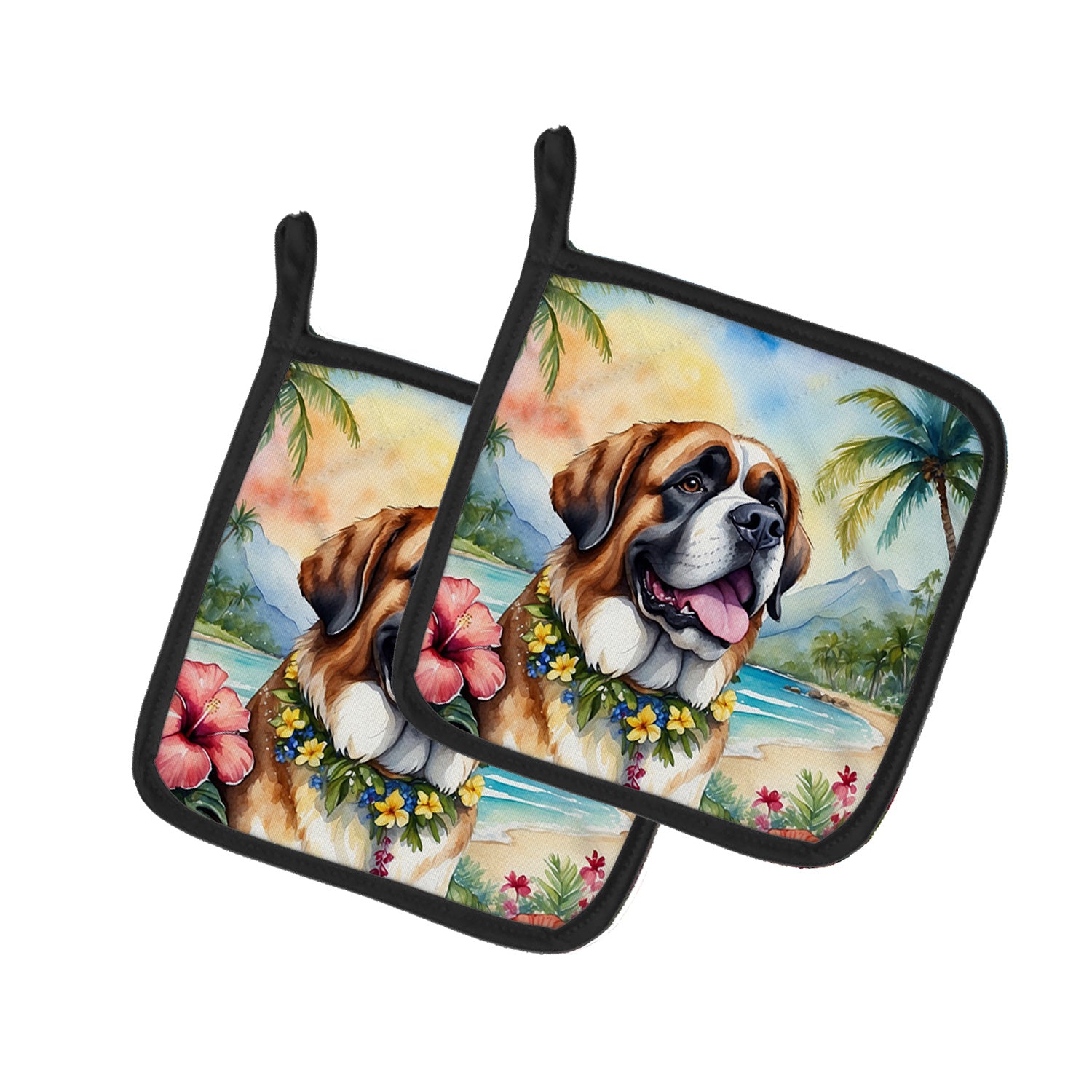 Saint Bernard Luau Pair of Pot Holders Kitchen Heat Resistant Pot Holders Sets Oven Hot Pads for Cooking Baking BBQ, 7 1/2 x 7 1/2