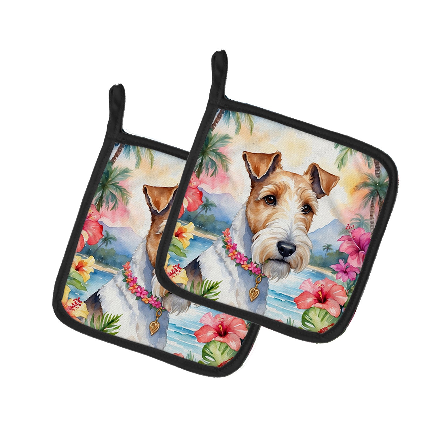 Fox Terrier Luau Pair of Pot Holders Kitchen Heat Resistant Pot Holders Sets Oven Hot Pads for Cooking Baking BBQ, 7 1/2 x 7 1/2