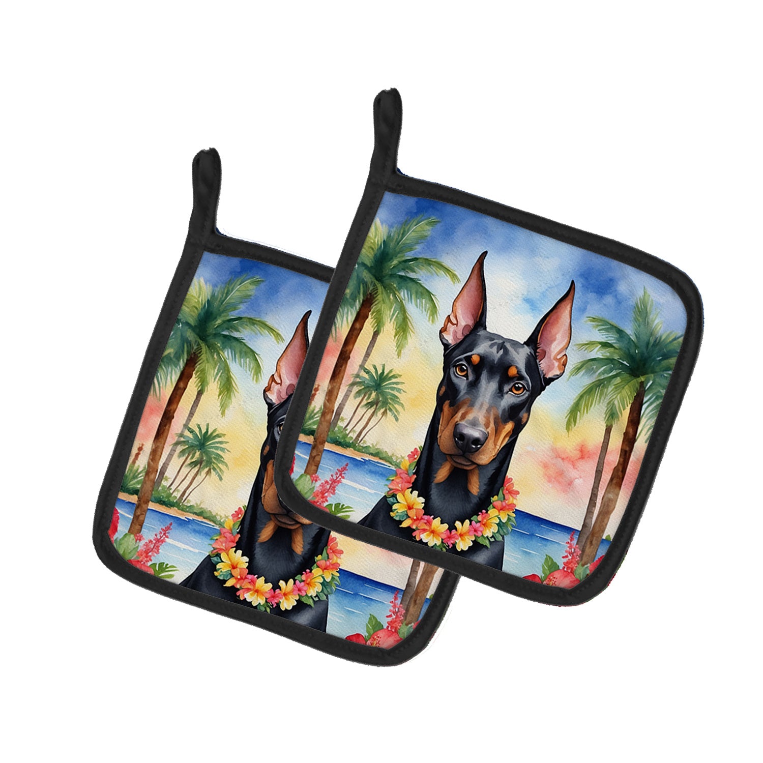 Doberman Pinscher Luau Pair of Pot Holders Kitchen Heat Resistant Pot Holders Sets Oven Hot Pads for Cooking Baking BBQ, 7 1/2 x 7 1/2