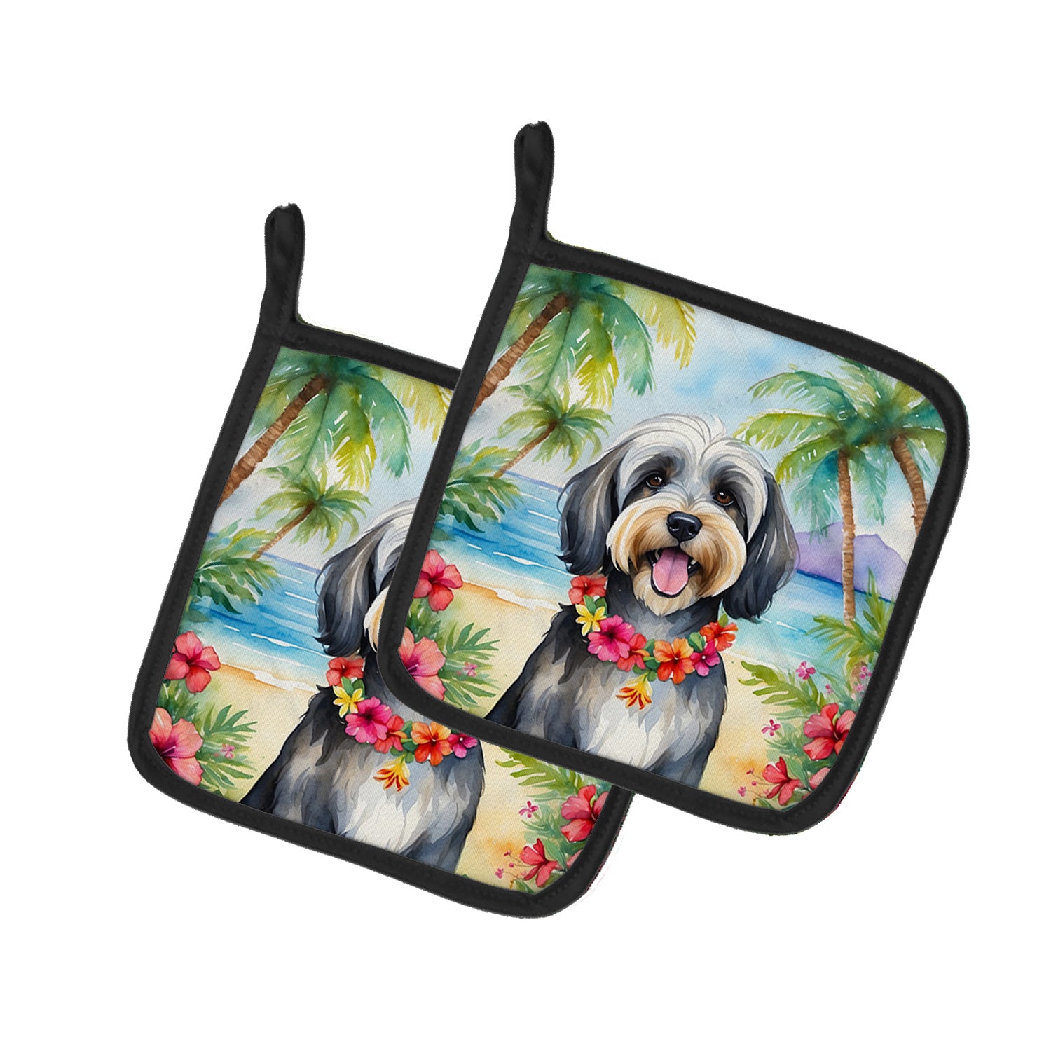 Tibetan Terrier Luau Pair of Pot Holders Kitchen Heat Resistant Pot Holders Sets Oven Hot Pads for Cooking Baking BBQ, 7 1/2 x 7 1/2