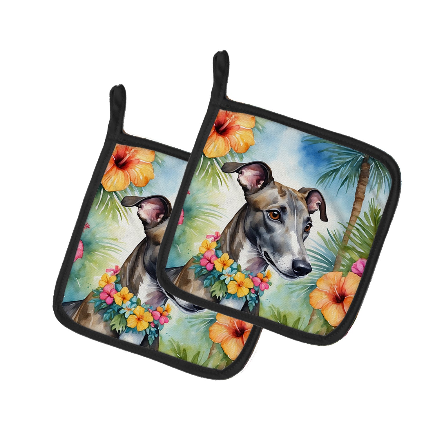 Greyhound Luau Pair of Pot Holders Kitchen Heat Resistant Pot Holders Sets Oven Hot Pads for Cooking Baking BBQ, 7 1/2 x 7 1/2