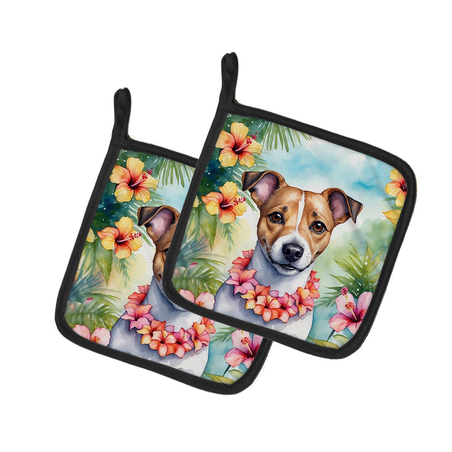 Jack Russell Terrier Luau Pair of Pot Holders Kitchen Heat Resistant Pot Holders Sets Oven Hot Pads for Cooking Baking BBQ, 7 1/2 x 7 1/2