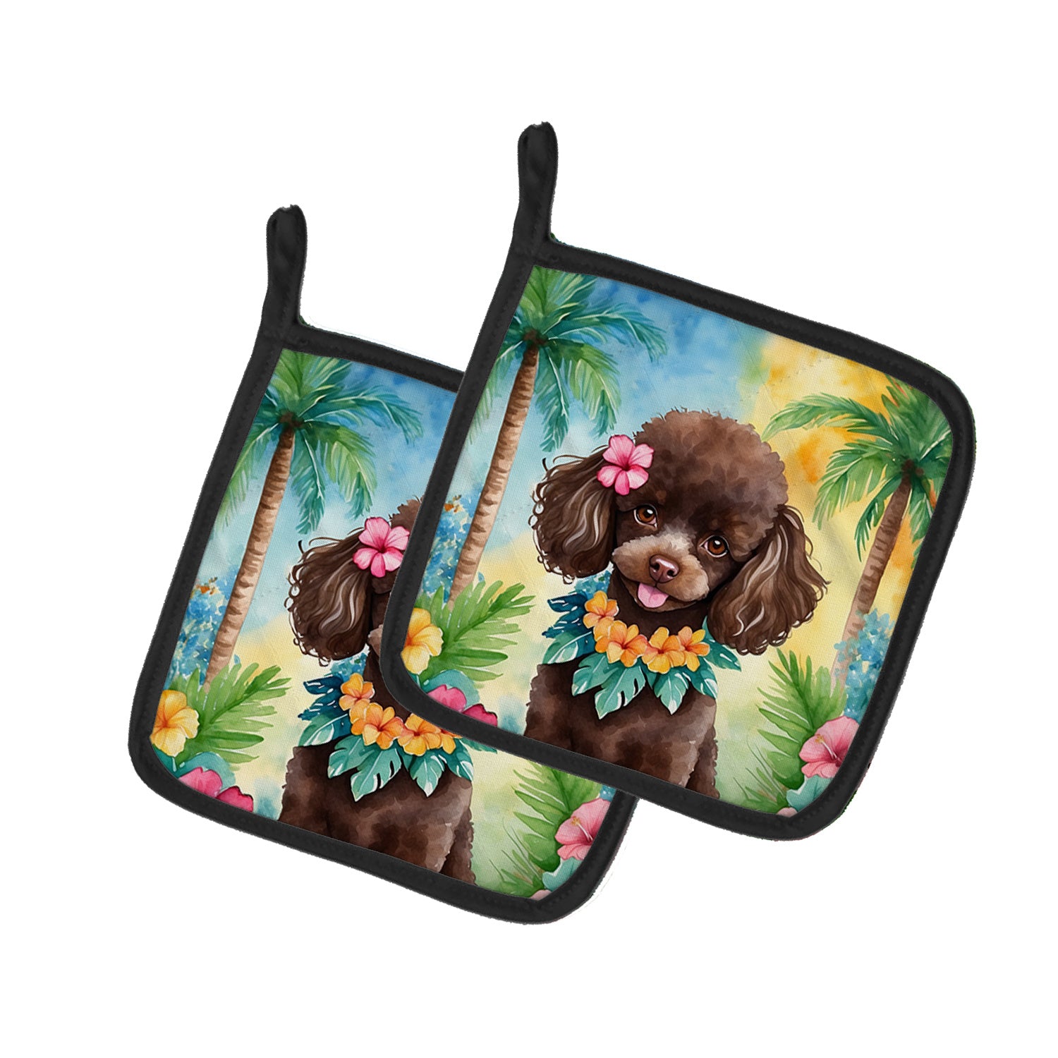 Chocolate Poodle Luau Pair of Pot Holders Kitchen Heat Resistant Pot Holders Sets Oven Hot Pads for Cooking Baking BBQ, 7 1/2 x 7 1/2