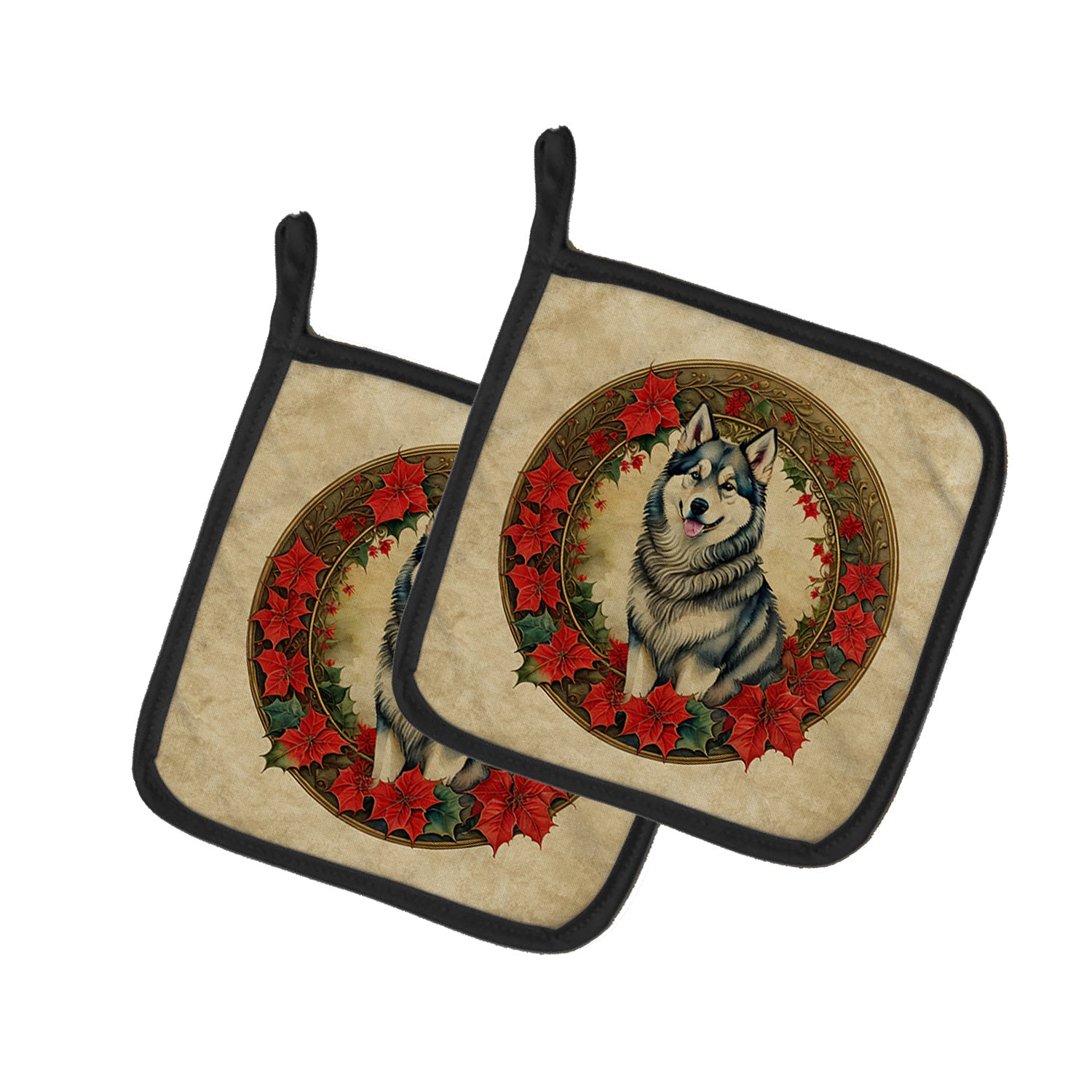 Alaskan Malamute Christmas Flowers Pair of Pot Holders Kitchen Heat Resistant Pot Holders Sets Oven Hot Pads for Cooking Baking BBQ, 7 1/2 x 7 1/2