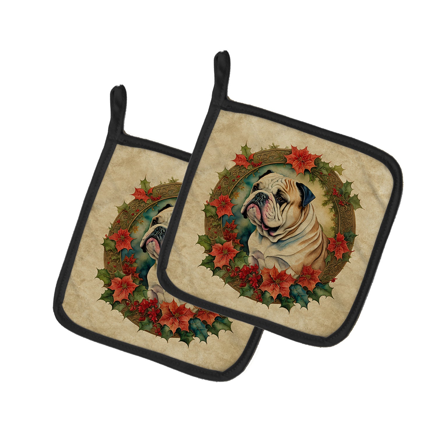 English Bulldog Christmas Flowers Pair of Pot Holders Kitchen Heat Resistant Pot Holders Sets Oven Hot Pads for Cooking Baking BBQ, 7 1/2 x 7 1/2