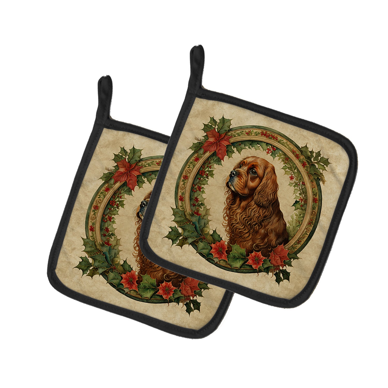 Sussex Spaniel Christmas Flowers Pair of Pot Holders Kitchen Heat Resistant Pot Holders Sets Oven Hot Pads for Cooking Baking BBQ, 7 1/2 x 7 1/2