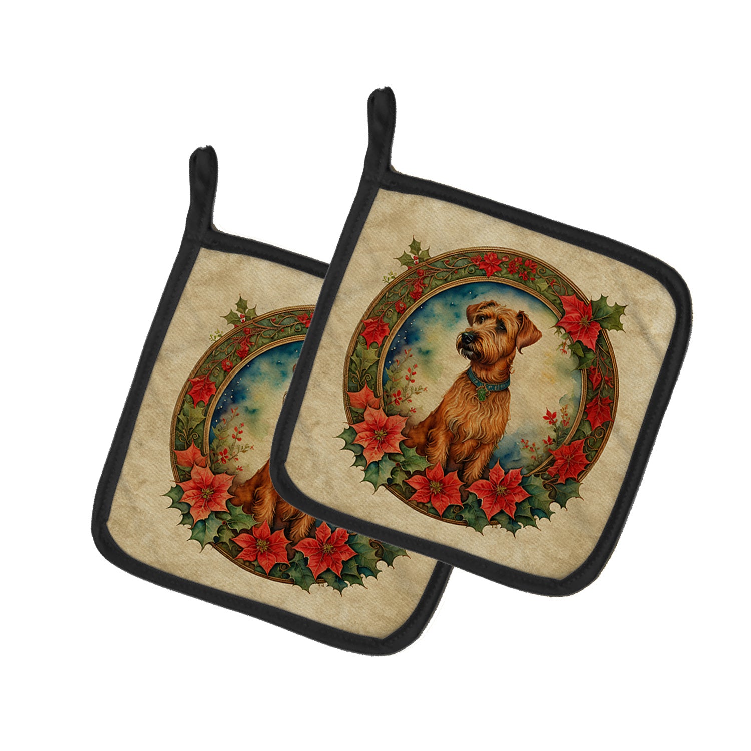 Irish Terrier Christmas Flowers Pair of Pot Holders Kitchen Heat Resistant Pot Holders Sets Oven Hot Pads for Cooking Baking BBQ, 7 1/2 x 7 1/2