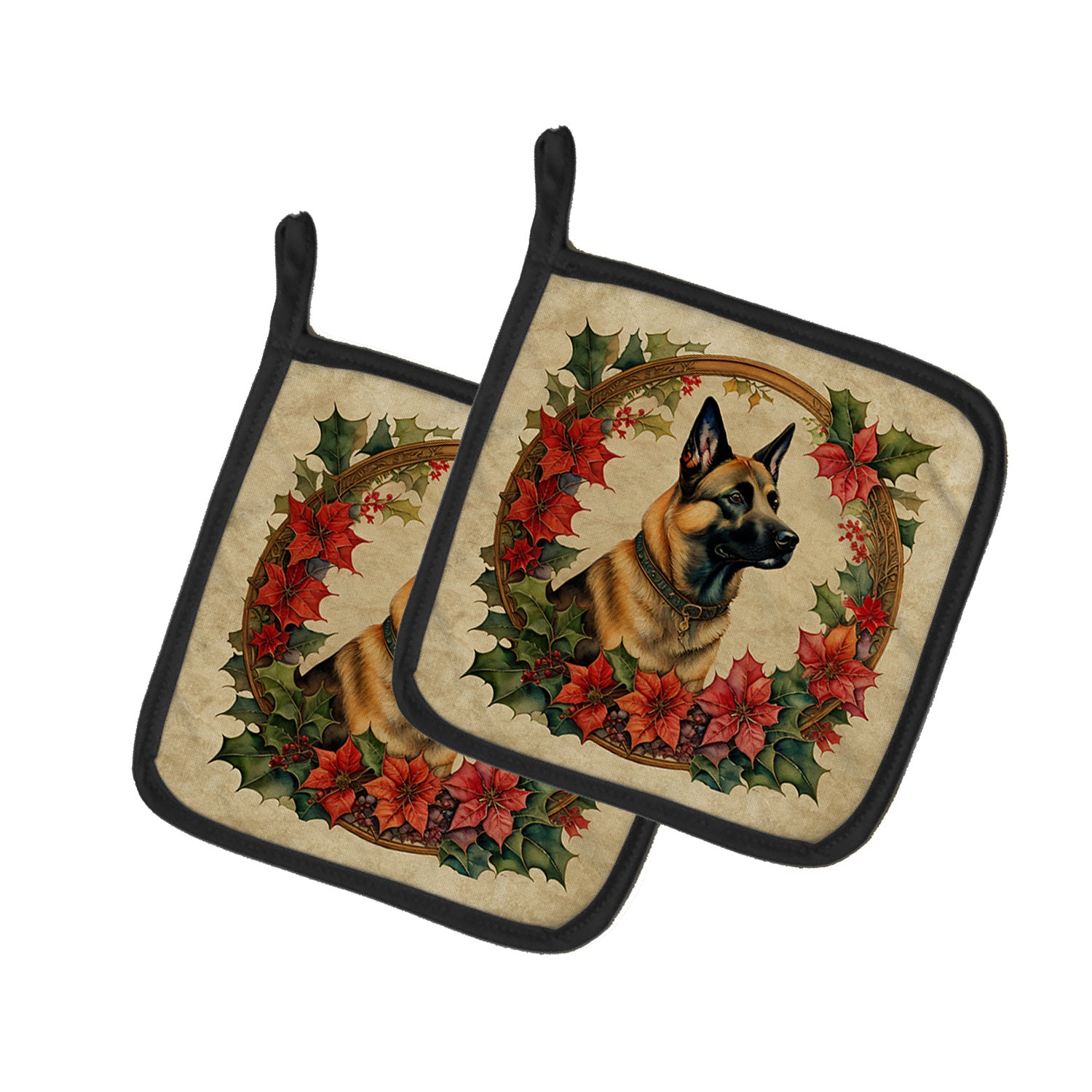 Belgian Malinois Christmas Flowers Pair of Pot Holders Kitchen Heat Resistant Pot Holders Sets Oven Hot Pads for Cooking Baking BBQ, 7 1/2 x 7 1/2