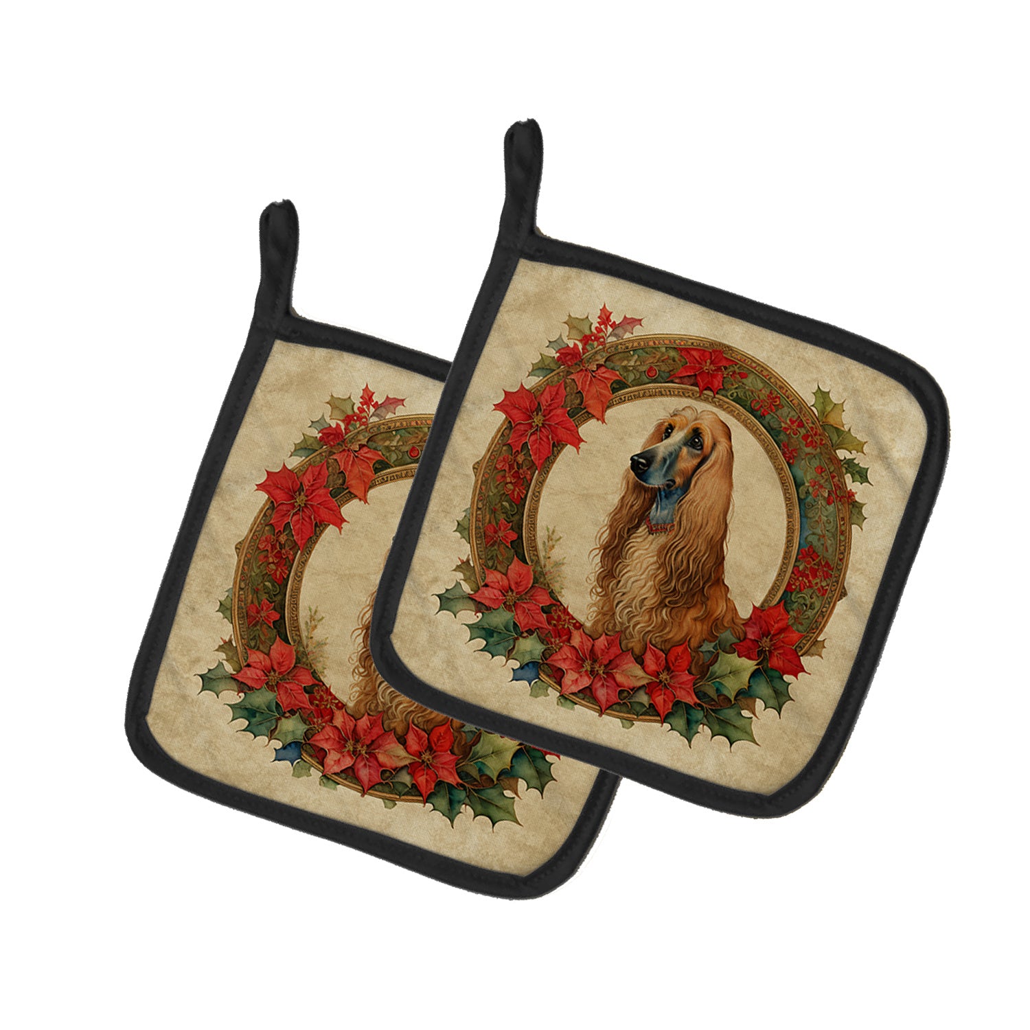 Afghan Hound Christmas Flowers Pair of Pot Holders Kitchen Heat Resistant Pot Holders Sets Oven Hot Pads for Cooking Baking BBQ, 7 1/2 x 7 1/2