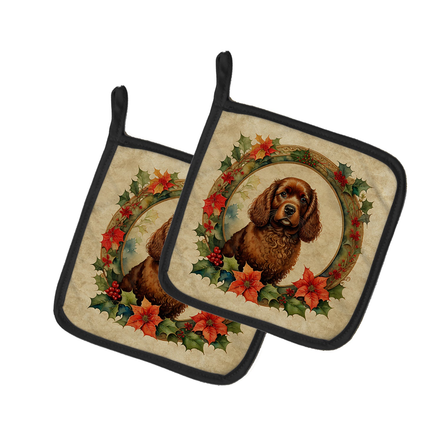 American Water Spaniel Christmas Flowers Pair of Pot Holders Kitchen Heat Resistant Pot Holders Sets Oven Hot Pads for Cooking Baking BBQ, 7 1/2 x 7 1/2