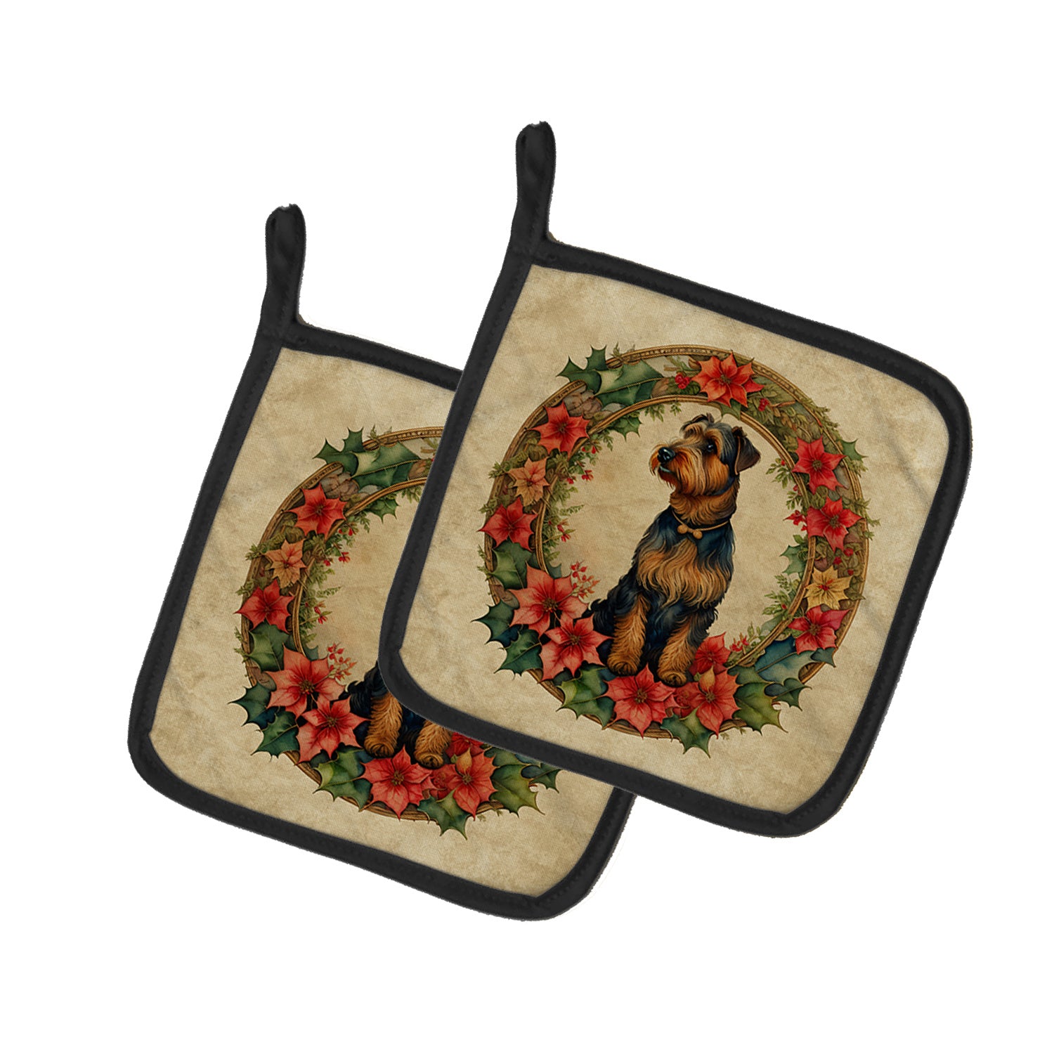 Airedale Terrier Christmas Flowers Pair of Pot Holders Kitchen Heat Resistant Pot Holders Sets Oven Hot Pads for Cooking Baking BBQ, 7 1/2 x 7 1/2