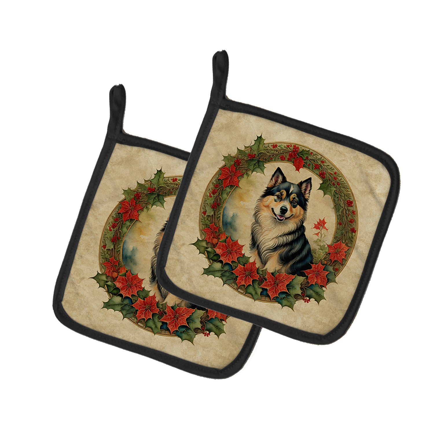 Finnish Lapphund Christmas Flowers Pair of Pot Holders Kitchen Heat Resistant Pot Holders Sets Oven Hot Pads for Cooking Baking BBQ, 7 1/2 x 7 1/2