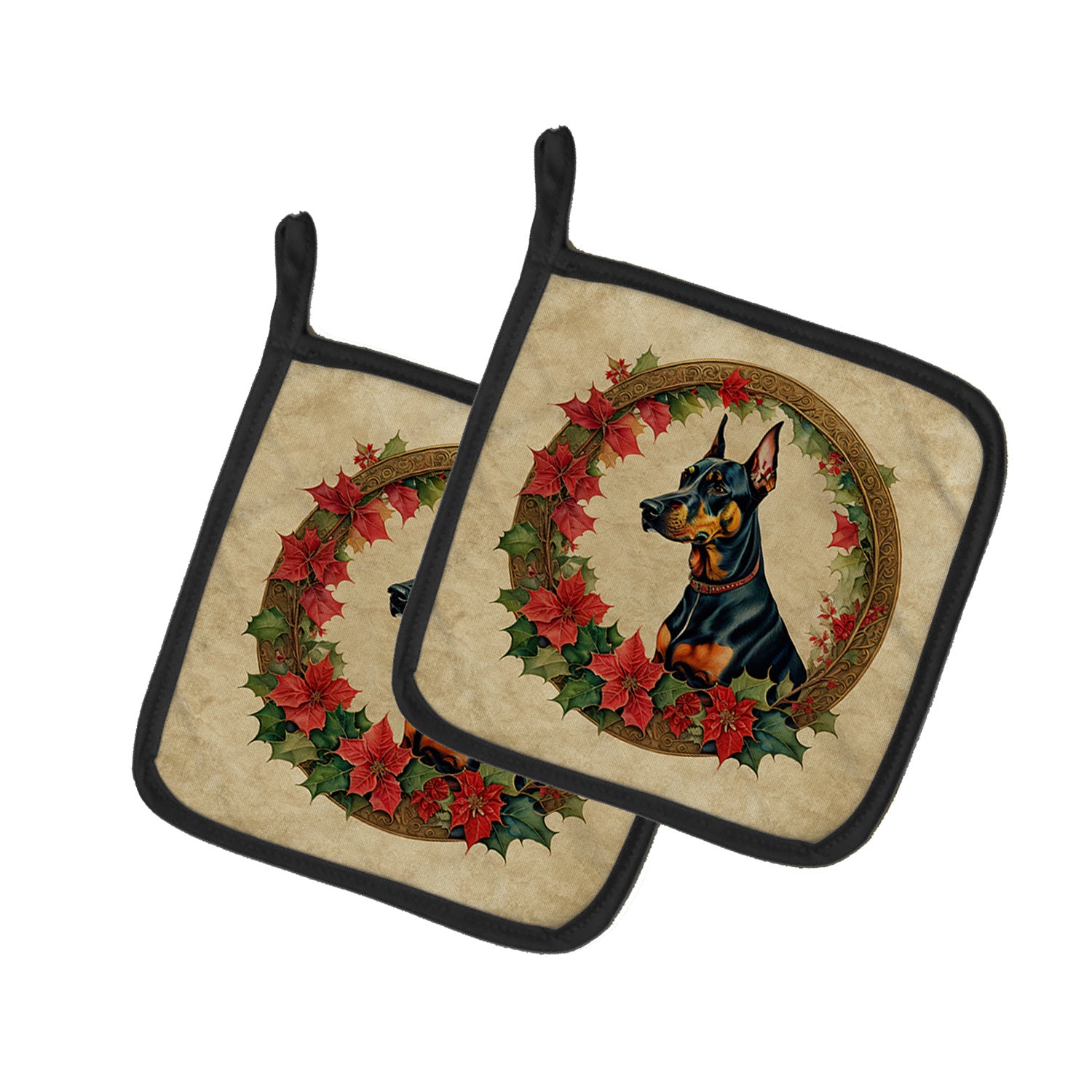 Doberman Pinscher Christmas Flowers Pair of Pot Holders Kitchen Heat Resistant Pot Holders Sets Oven Hot Pads for Cooking Baking BBQ, 7 1/2 x 7 1/2