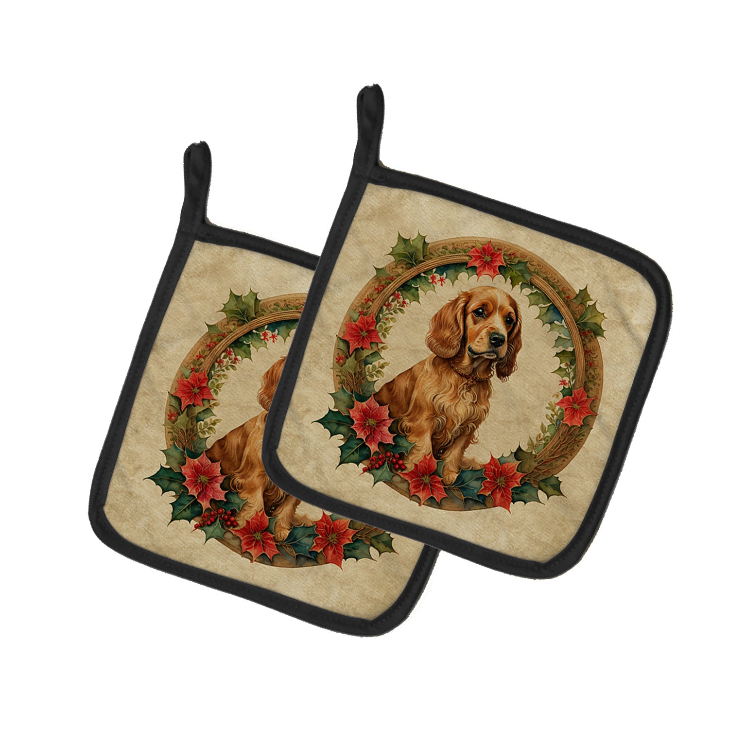 Cocker Spaniel Christmas Flowers Pair of Pot Holders Kitchen Heat Resistant Pot Holders Sets Oven Hot Pads for Cooking Baking BBQ, 7 1/2 x 7 1/2