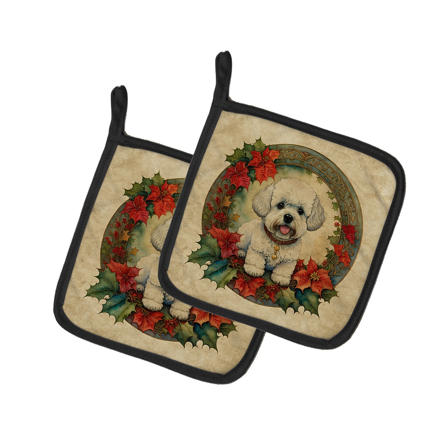 Bichon Frise Christmas Flowers Pair of Pot Holders Kitchen Heat Resistant Pot Holders Sets Oven Hot Pads for Cooking Baking BBQ, 7 1/2 x 7 1/2