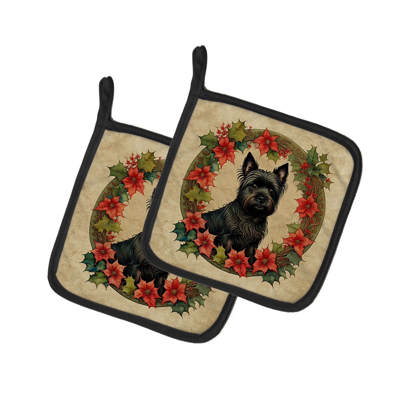 Cairn Terrier Christmas Flowers Pair of Pot Holders Kitchen Heat Resistant Pot Holders Sets Oven Hot Pads for Cooking Baking BBQ, 7 1/2 x 7 1/2