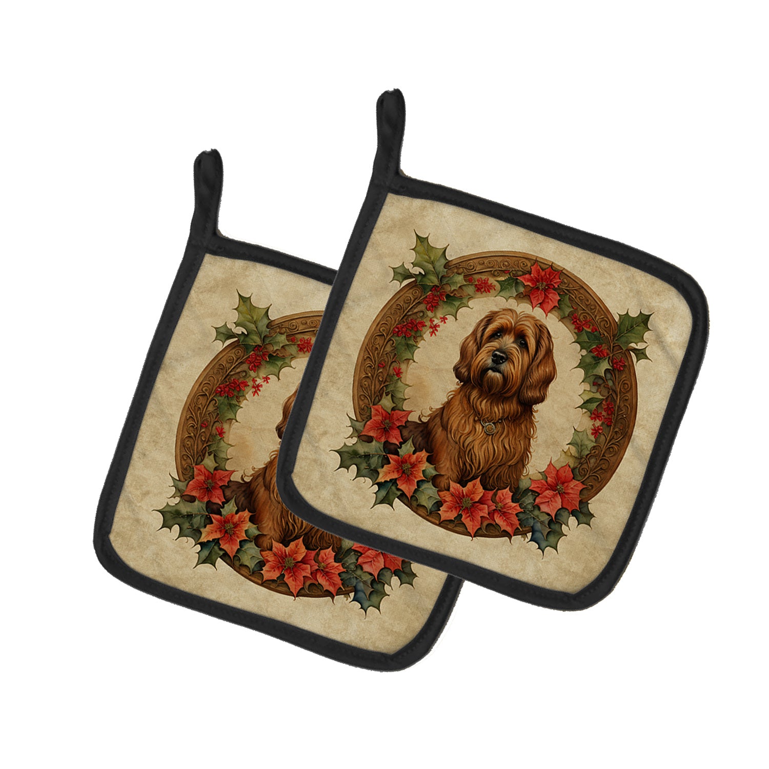 Briard Christmas Flowers Pair of Pot Holders Kitchen Heat Resistant Pot Holders Sets Oven Hot Pads for Cooking Baking BBQ, 7 1/2 x 7 1/2