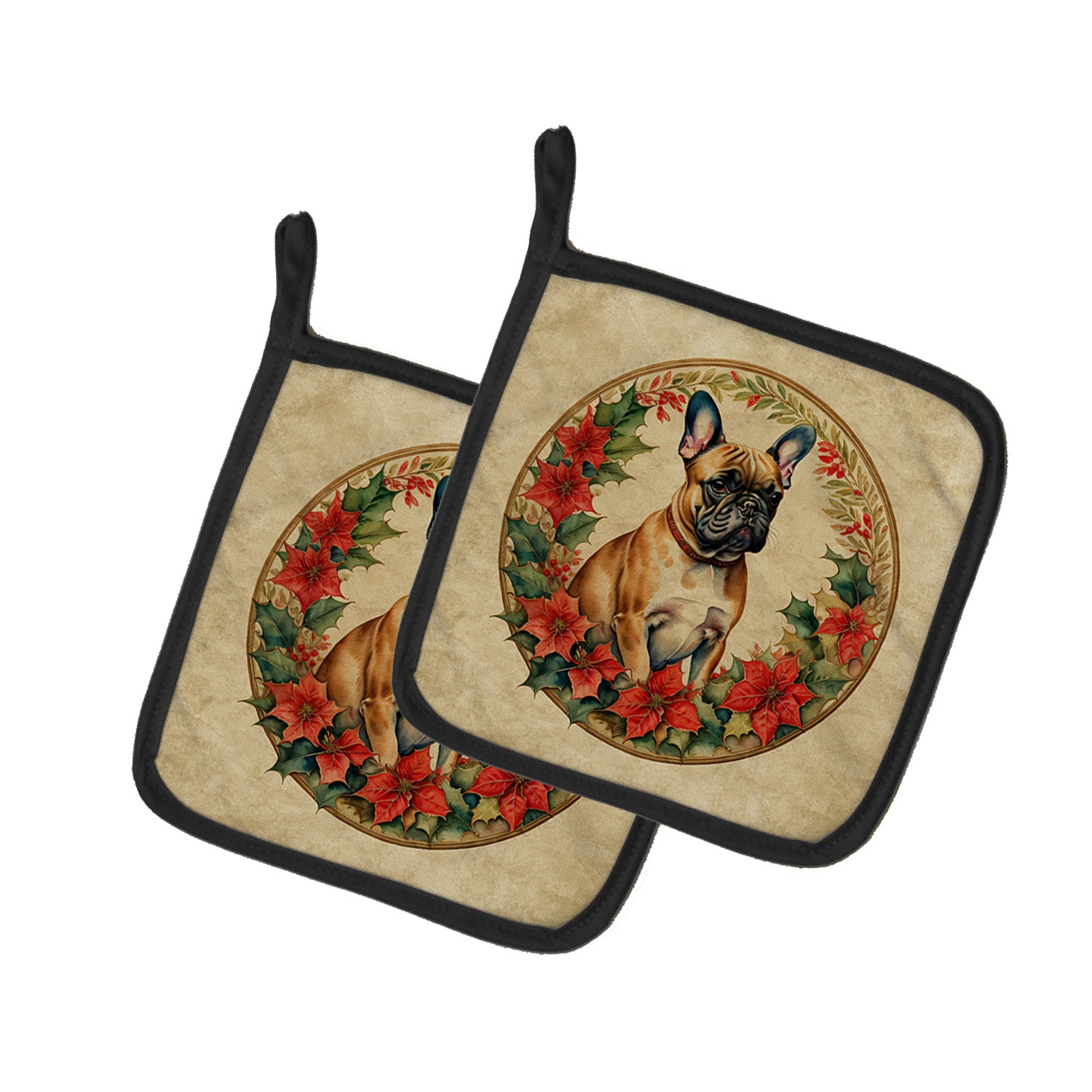 French Bulldog Christmas Flowers Pair of Pot Holders Kitchen Heat Resistant Pot Holders Sets Oven Hot Pads for Cooking Baking BBQ, 7 1/2 x 7 1/2