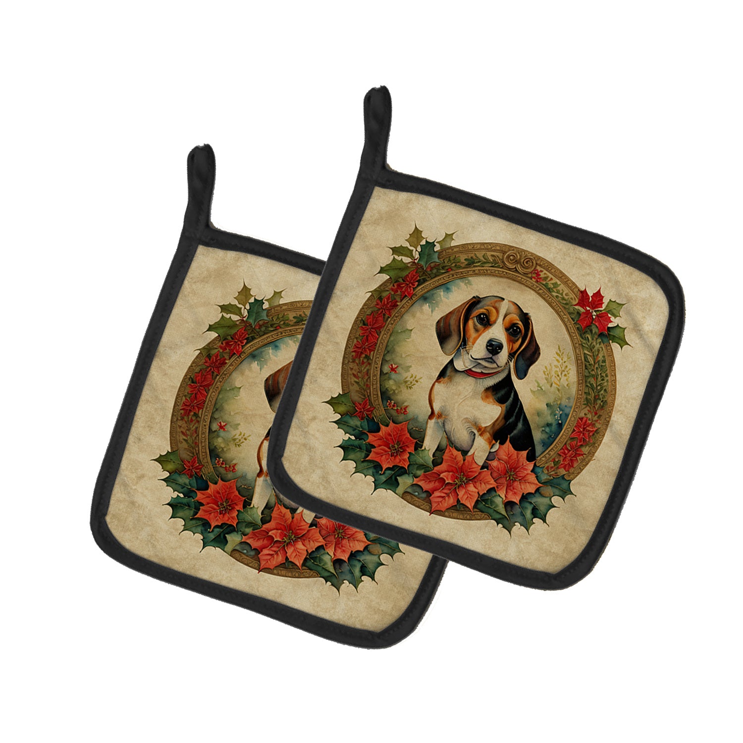 Beagle Christmas Flowers Pair of Pot Holders Kitchen Heat Resistant Pot Holders Sets Oven Hot Pads for Cooking Baking BBQ, 7 1/2 x 7 1/2