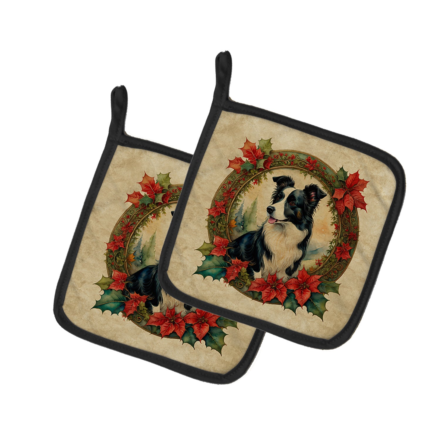 Border Collie Christmas Flowers Pair of Pot Holders Kitchen Heat Resistant Pot Holders Sets Oven Hot Pads for Cooking Baking BBQ, 7 1/2 x 7 1/2