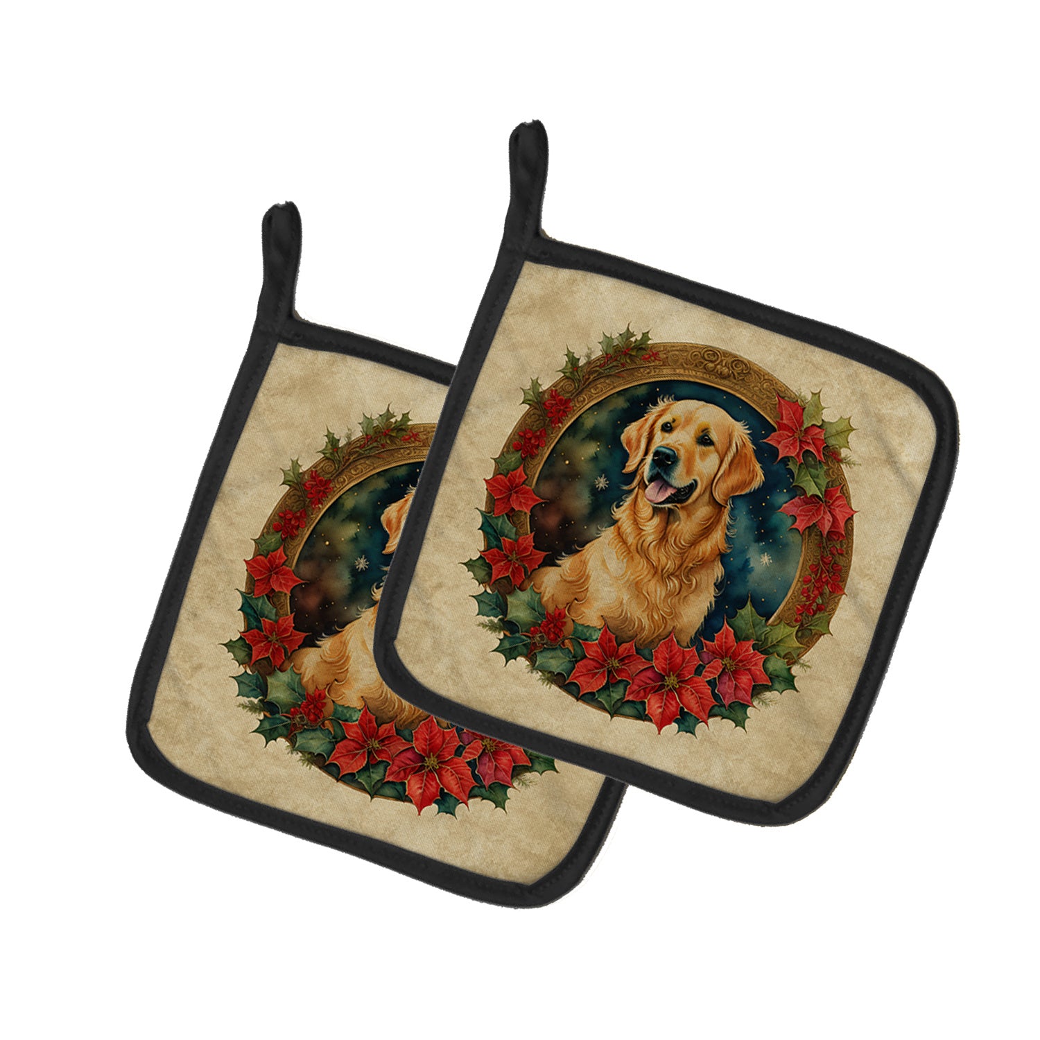 Golden Retriever Christmas Flowers Pair of Pot Holders Kitchen Heat Resistant Pot Holders Sets Oven Hot Pads for Cooking Baking BBQ, 7 1/2 x 7 1/2