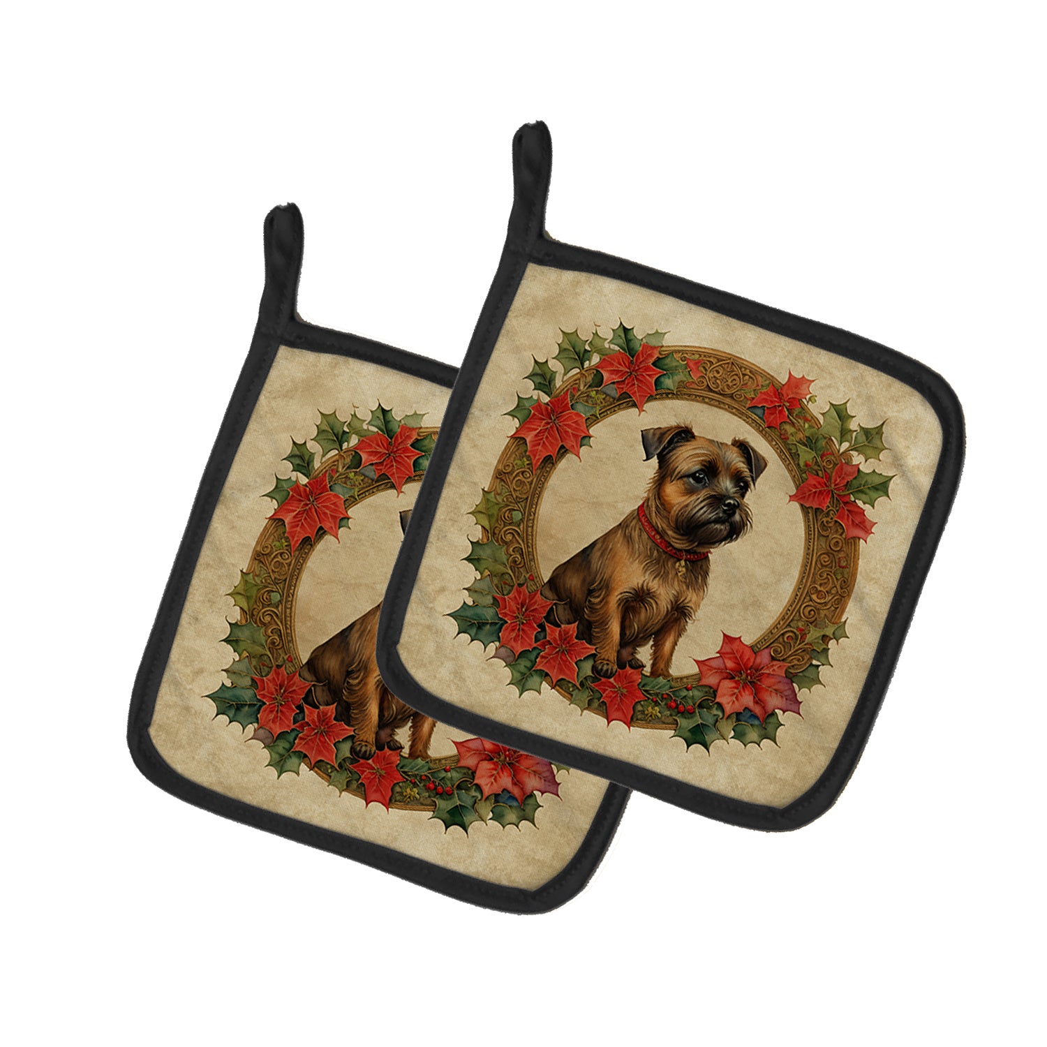 Border Terrier Christmas Flowers Pair of Pot Holders Kitchen Heat Resistant Pot Holders Sets Oven Hot Pads for Cooking Baking BBQ, 7 1/2 x 7 1/2