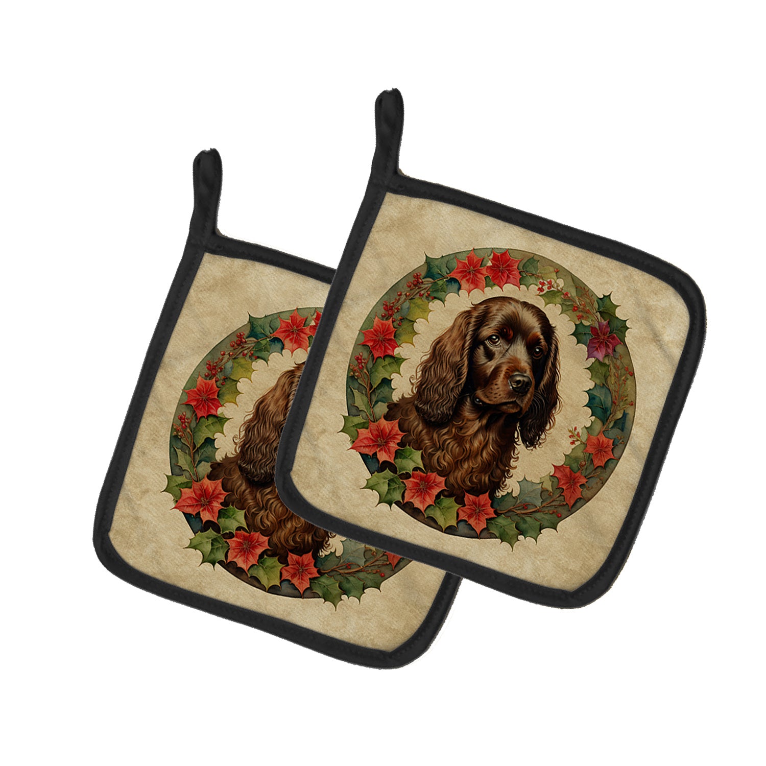 Boykin Spaniel Christmas Flowers Pair of Pot Holders Kitchen Heat Resistant Pot Holders Sets Oven Hot Pads for Cooking Baking BBQ, 7 1/2 x 7 1/2